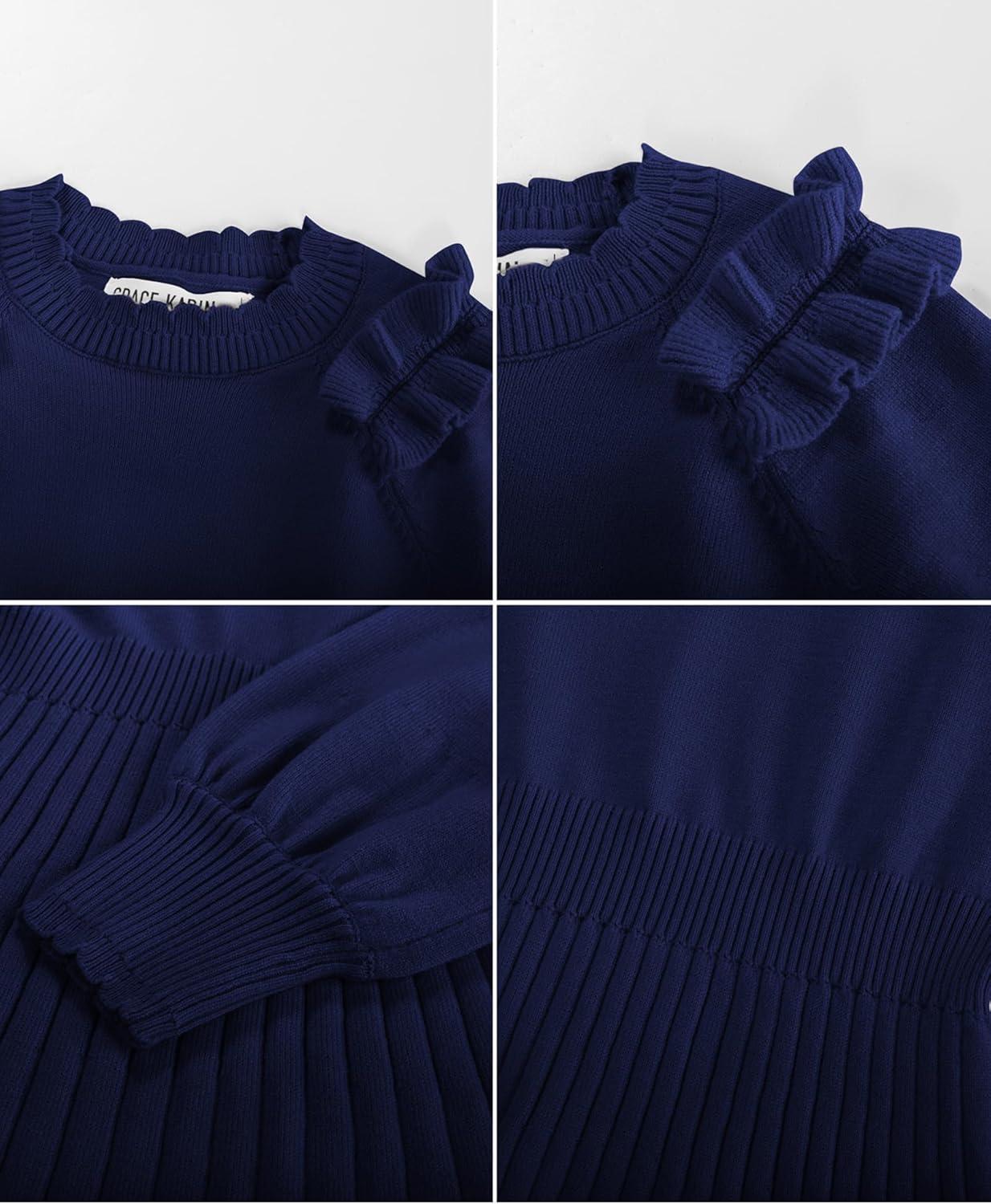 imageGRACE KARIN Girls Sweater Dress Fall Winter Knit Long Sleeve Ribbed Ruffle Waist Tie Size 512 CreamNavy Blue