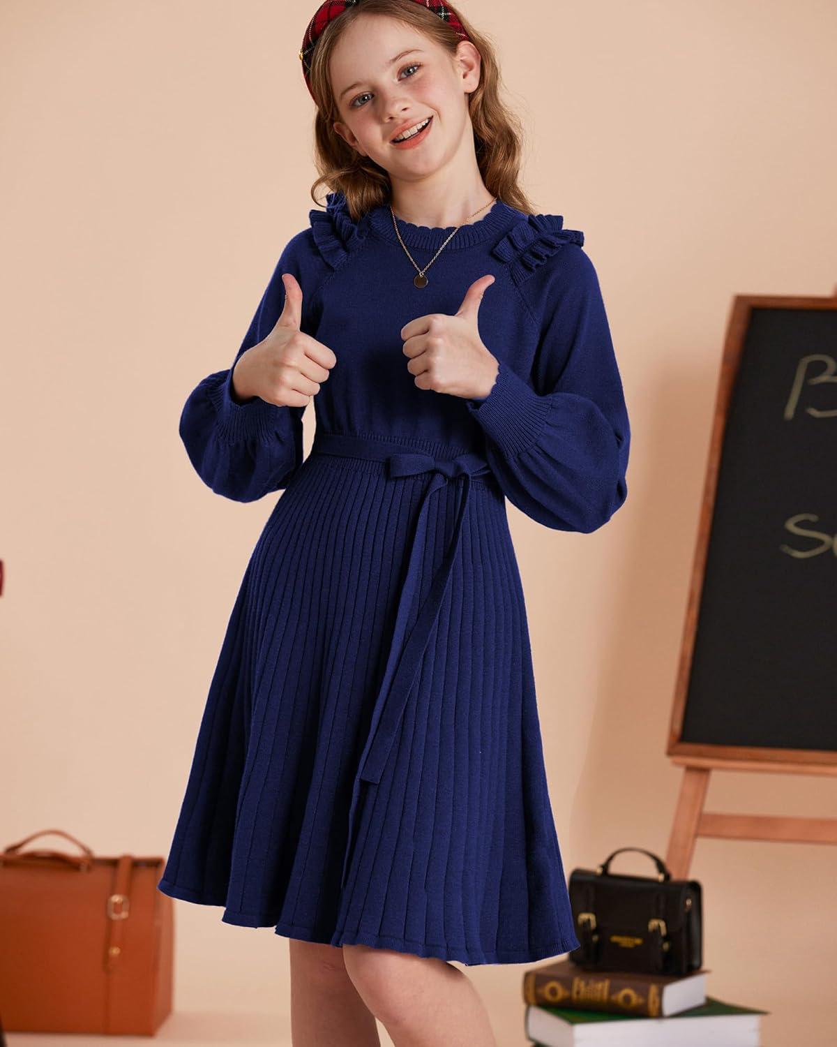 imageGRACE KARIN Girls Sweater Dress Fall Winter Knit Long Sleeve Ribbed Ruffle Waist Tie Size 512 CreamNavy Blue