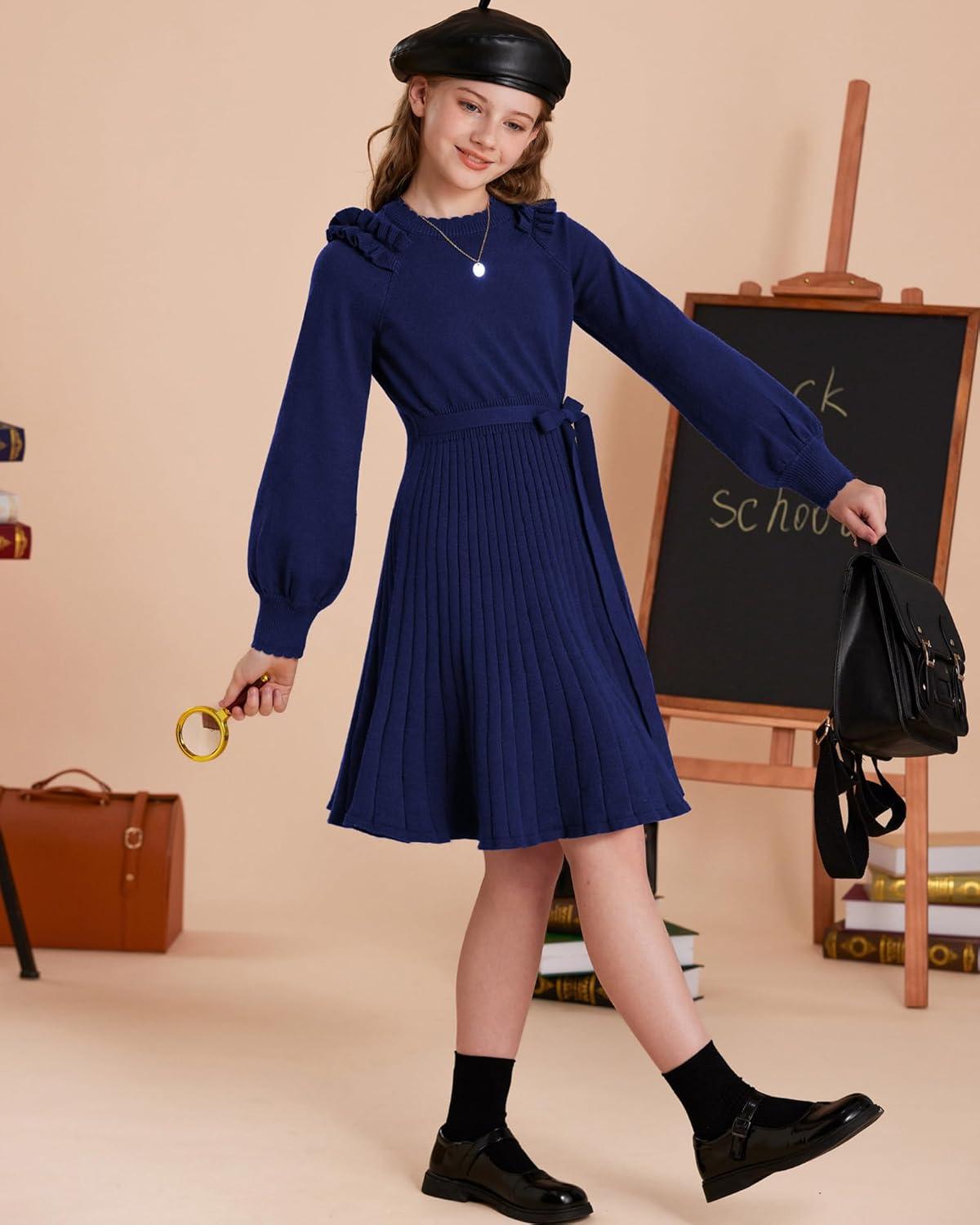imageGRACE KARIN Girls Sweater Dress Fall Winter Knit Long Sleeve Ribbed Ruffle Waist Tie Size 512 CreamNavy Blue