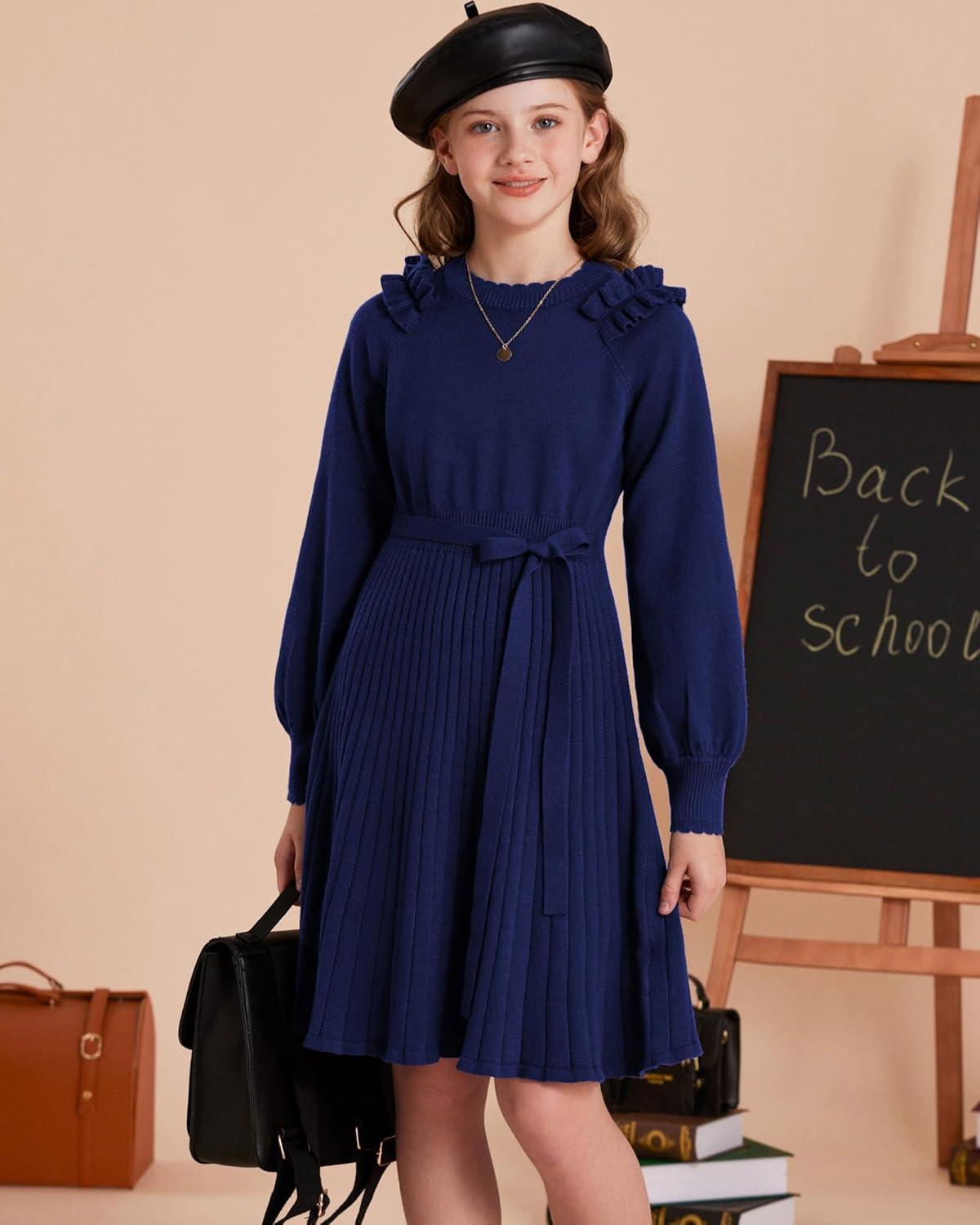 imageGRACE KARIN Girls Sweater Dress Fall Winter Knit Long Sleeve Ribbed Ruffle Waist Tie Size 512 CreamNavy Blue