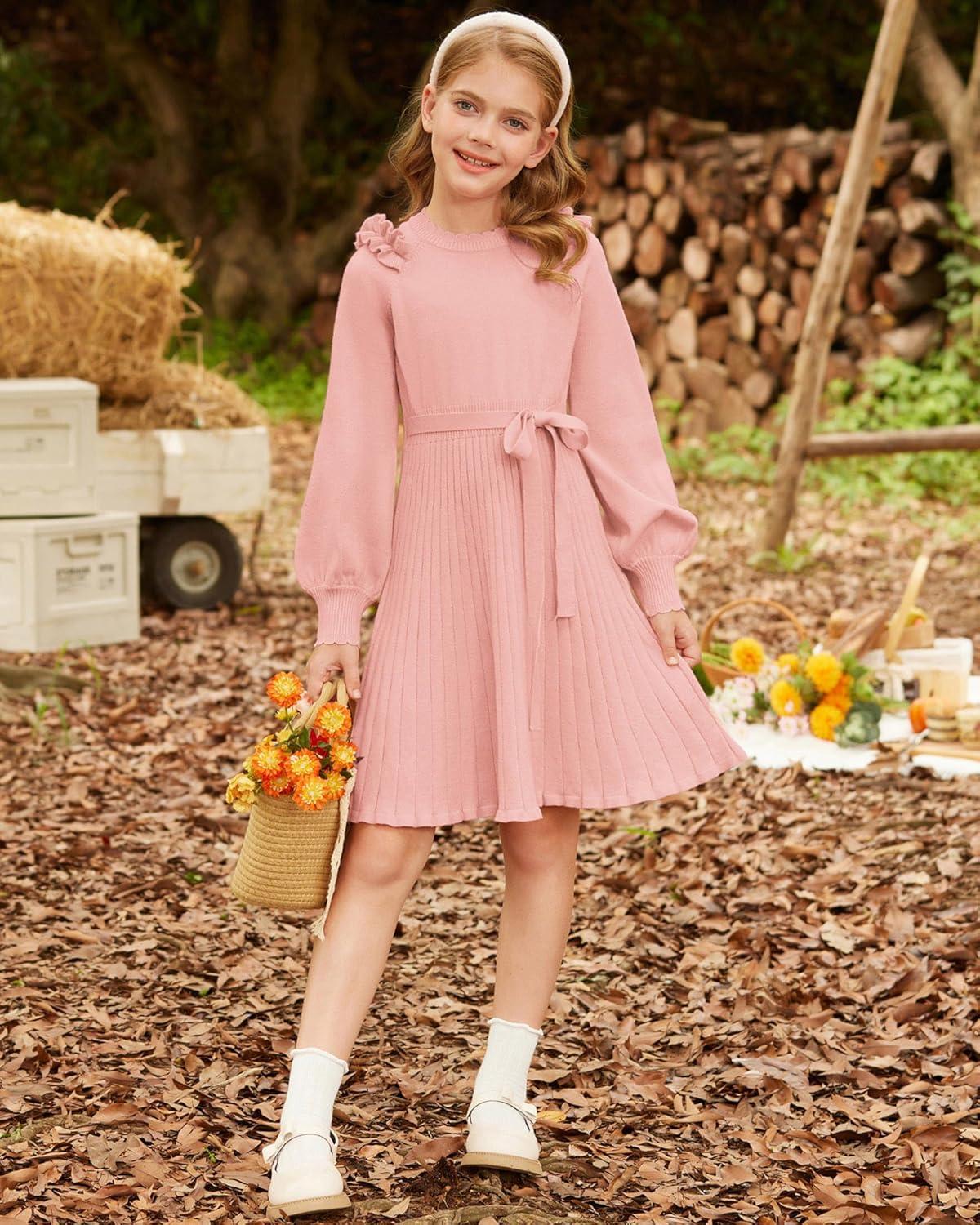 imageGRACE KARIN Girls Sweater Dress Fall Winter Knit Long Sleeve Ribbed Ruffle Waist Tie Size 512 CreamPink