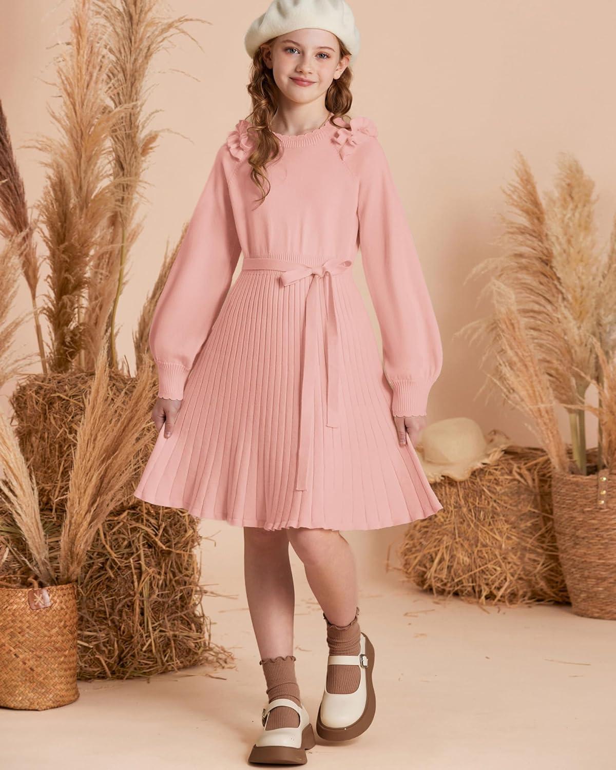 imageGRACE KARIN Girls Sweater Dress Fall Winter Knit Long Sleeve Ribbed Ruffle Waist Tie Size 512 CreamPink