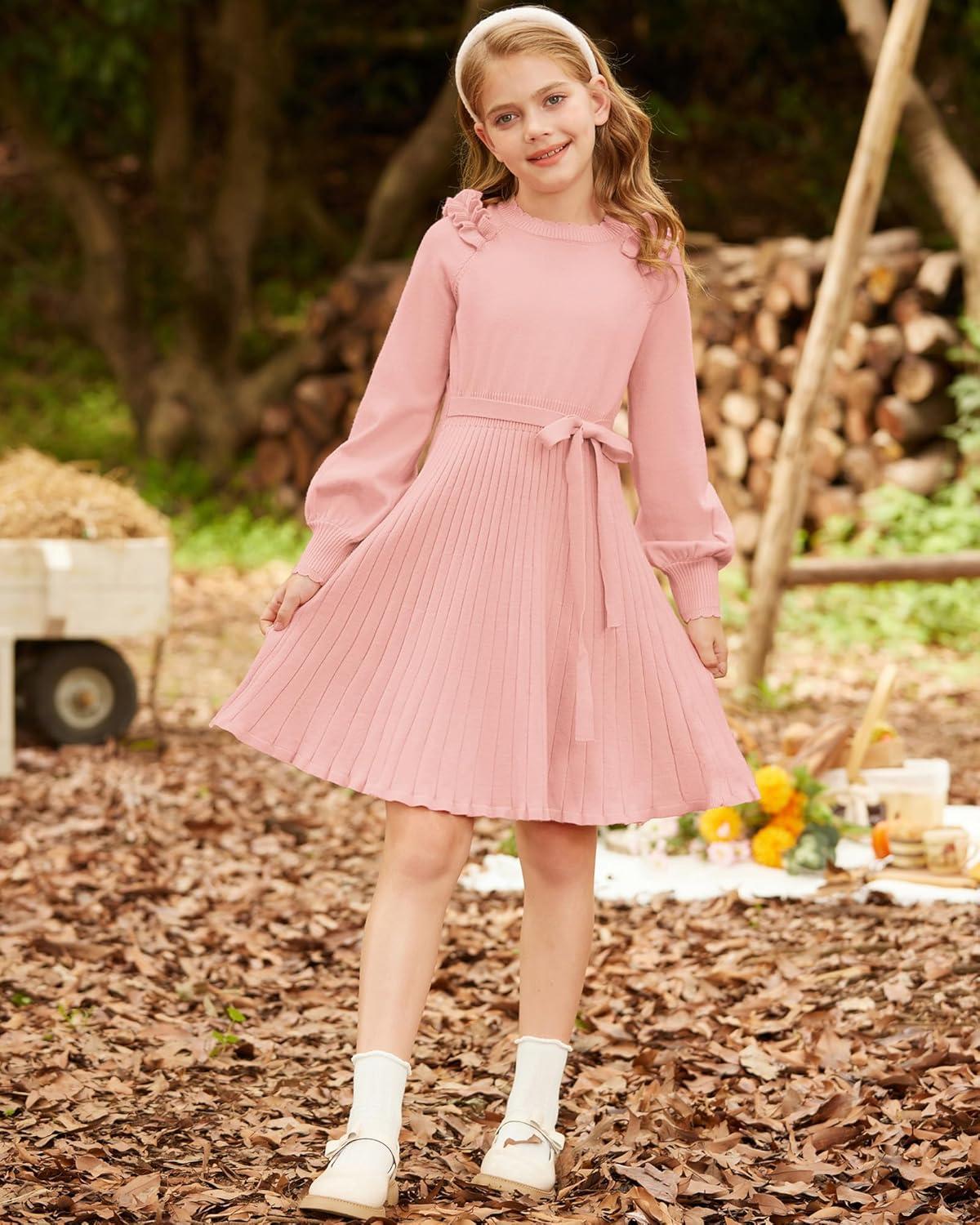 imageGRACE KARIN Girls Sweater Dress Fall Winter Knit Long Sleeve Ribbed Ruffle Waist Tie Size 512 CreamPink