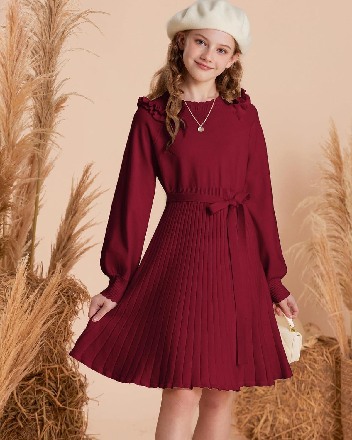 imageGRACE KARIN Girls Sweater Dress Fall Winter Knit Long Sleeve Ribbed Ruffle Waist Tie Size 512 CreamWine Red