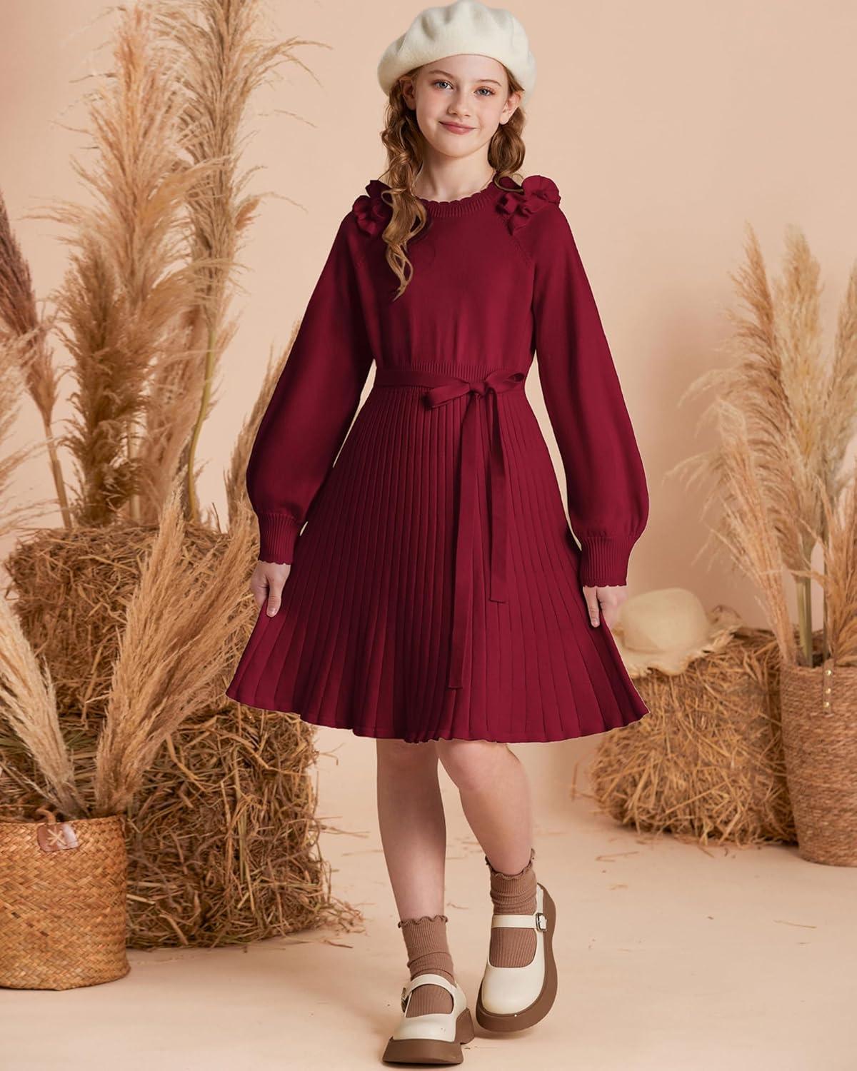 imageGRACE KARIN Girls Sweater Dress Fall Winter Knit Long Sleeve Ribbed Ruffle Waist Tie Size 512 CreamWine Red