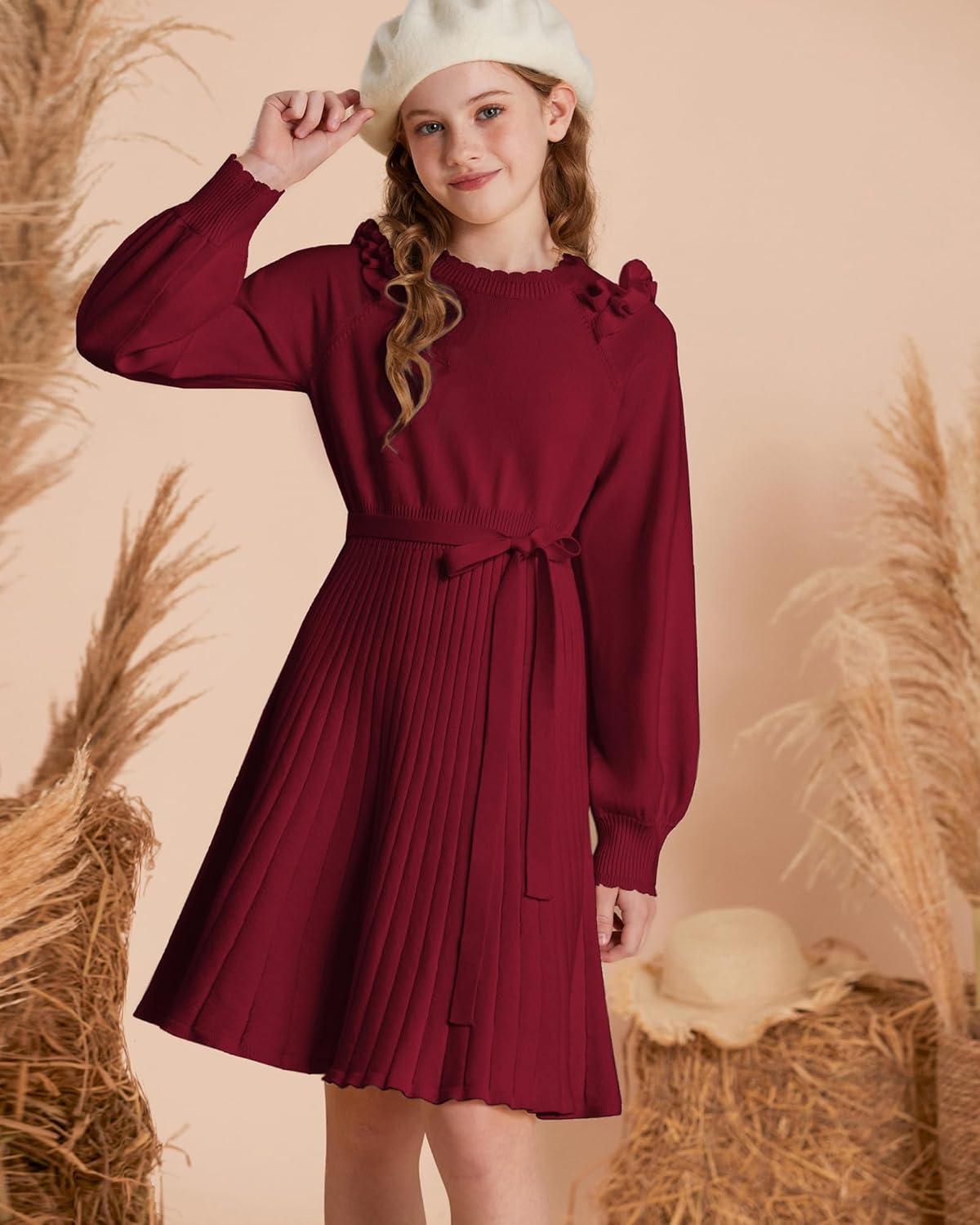 imageGRACE KARIN Girls Sweater Dress Fall Winter Knit Long Sleeve Ribbed Ruffle Waist Tie Size 512 CreamWine Red