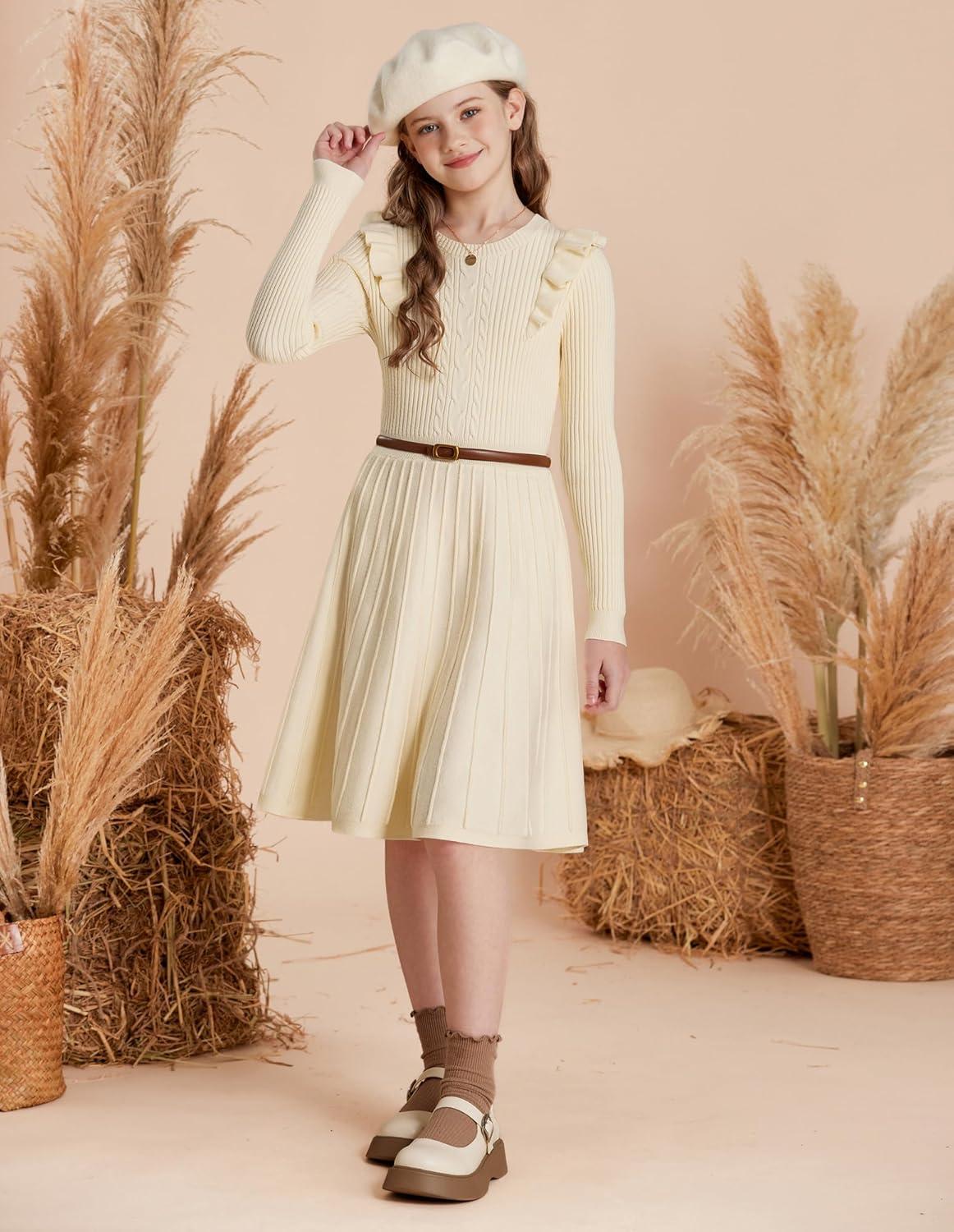 imageGRACE KARIN Girls Sweater Dress Fall Winter Long Sleeve Cable Knit Pullover Dresses for Girls 512YCream