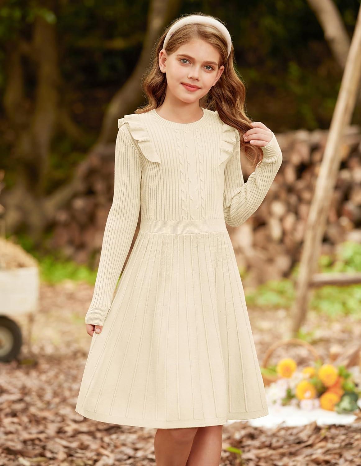 imageGRACE KARIN Girls Sweater Dress Fall Winter Long Sleeve Cable Knit Pullover Dresses for Girls 512YCream
