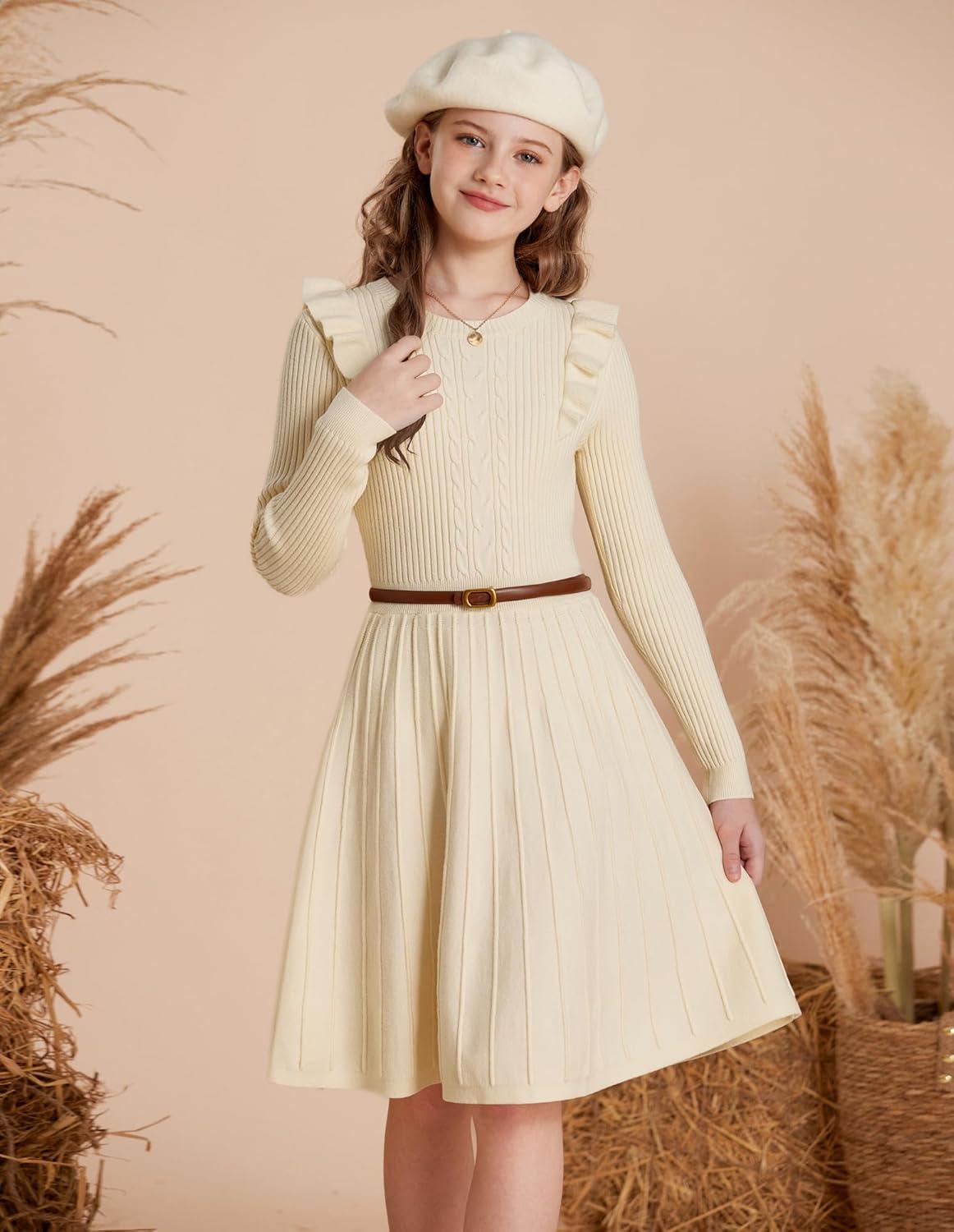 imageGRACE KARIN Girls Sweater Dress Fall Winter Long Sleeve Cable Knit Pullover Dresses for Girls 512YCream