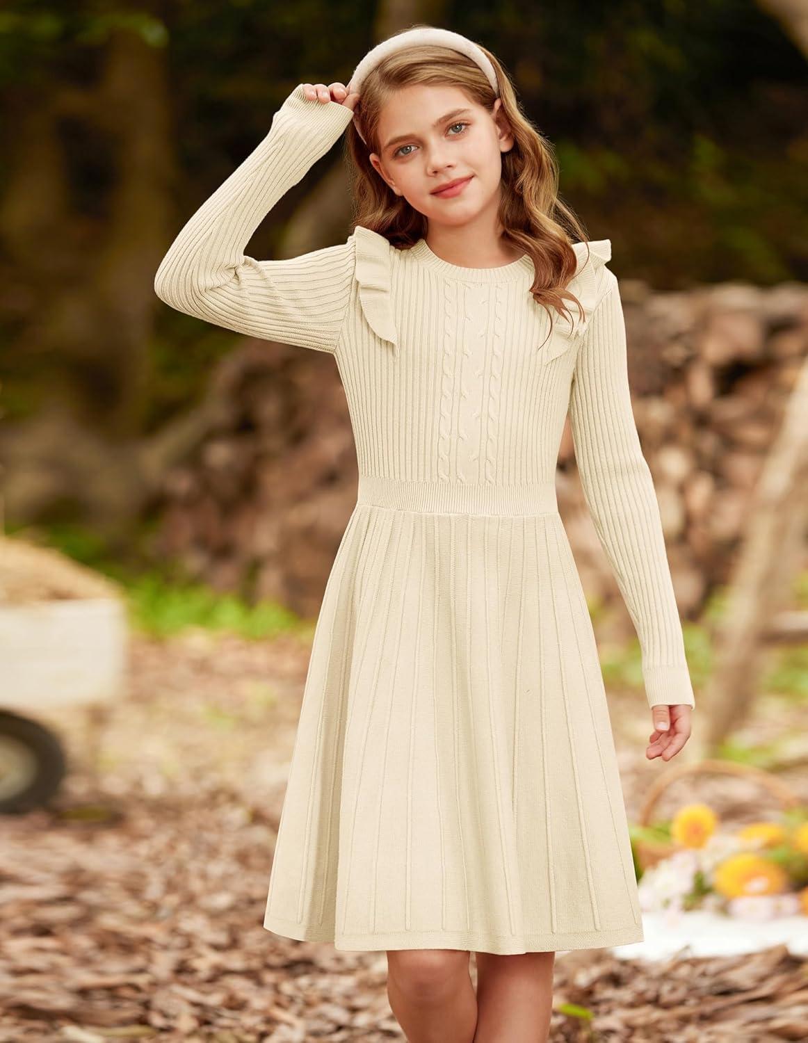 imageGRACE KARIN Girls Sweater Dress Fall Winter Long Sleeve Cable Knit Pullover Dresses for Girls 512YCream