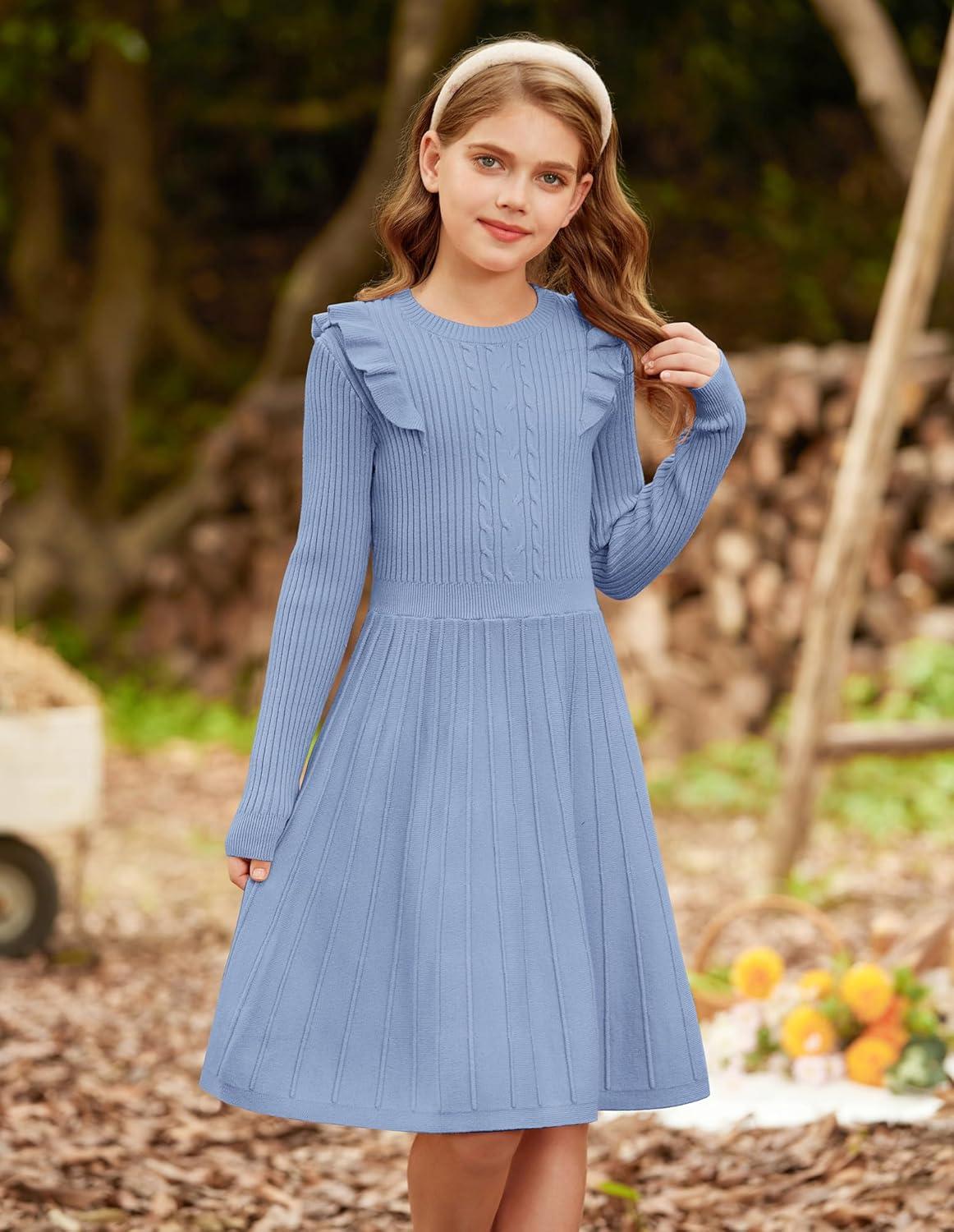 imageGRACE KARIN Girls Sweater Dress Fall Winter Long Sleeve Cable Knit Pullover Dresses for Girls 512YLight Blue