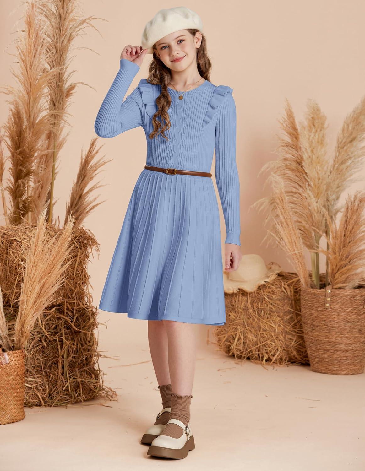 imageGRACE KARIN Girls Sweater Dress Fall Winter Long Sleeve Cable Knit Pullover Dresses for Girls 512YLight Blue