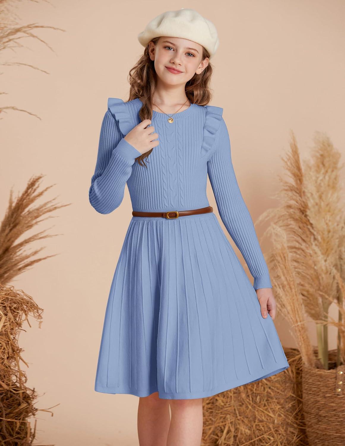 imageGRACE KARIN Girls Sweater Dress Fall Winter Long Sleeve Cable Knit Pullover Dresses for Girls 512YLight Blue