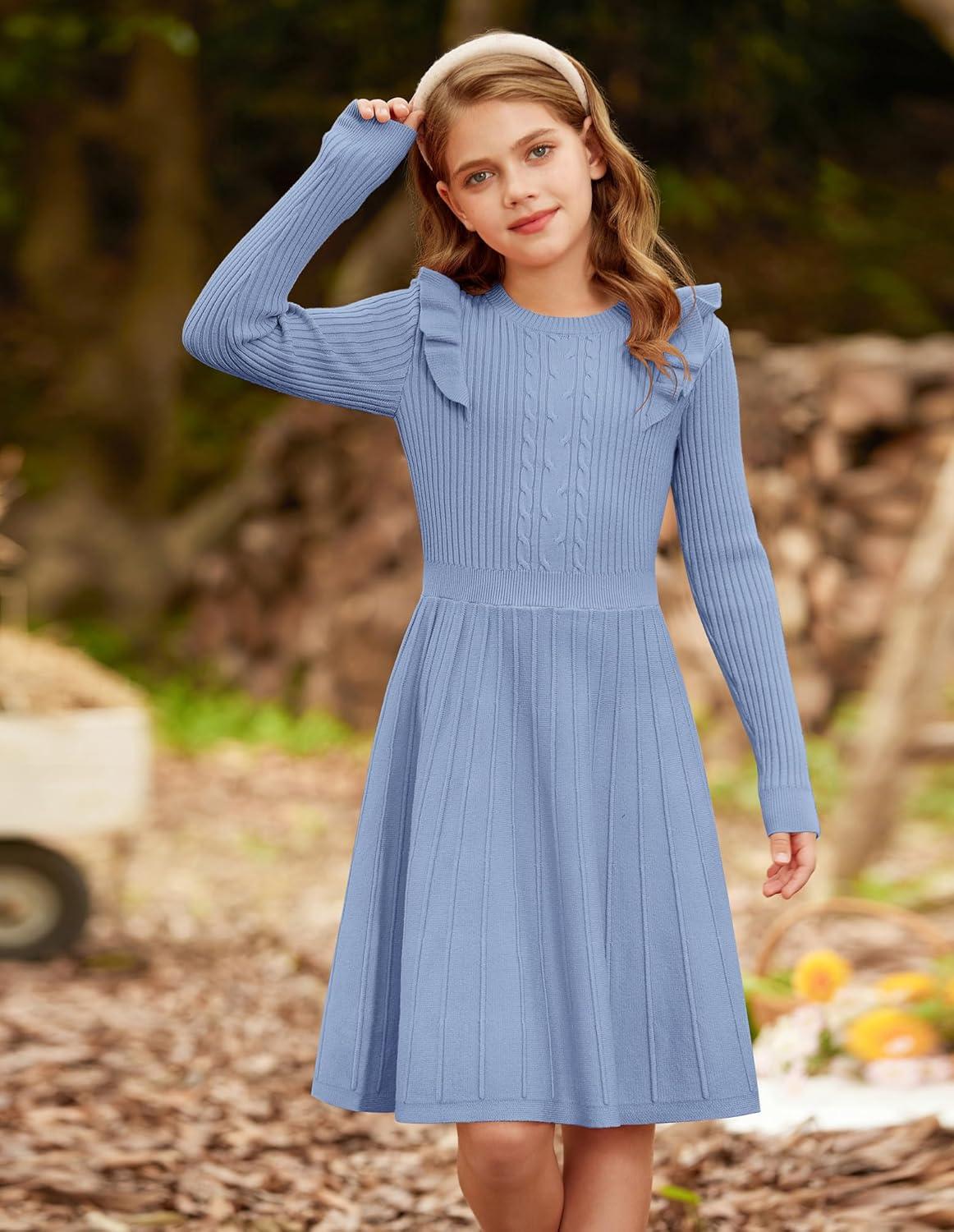 imageGRACE KARIN Girls Sweater Dress Fall Winter Long Sleeve Cable Knit Pullover Dresses for Girls 512YLight Blue