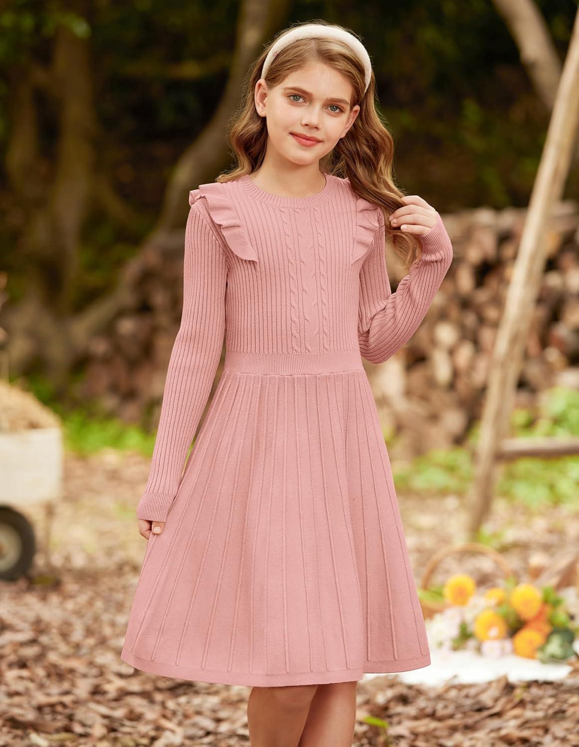 imageGRACE KARIN Girls Sweater Dress Fall Winter Long Sleeve Cable Knit Pullover Dresses for Girls 512YPink
