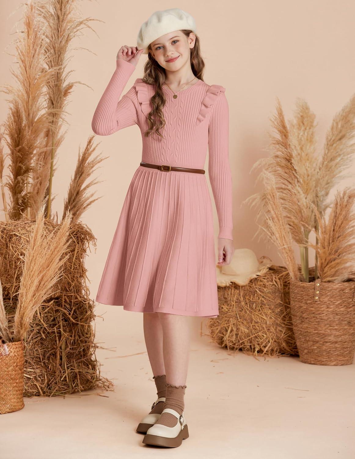 imageGRACE KARIN Girls Sweater Dress Fall Winter Long Sleeve Cable Knit Pullover Dresses for Girls 512YPink