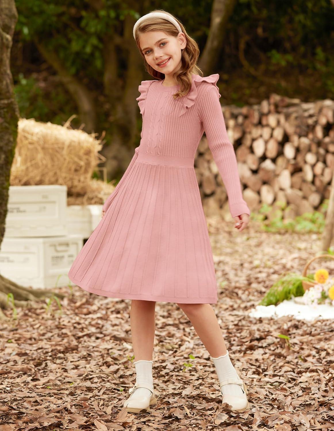 imageGRACE KARIN Girls Sweater Dress Fall Winter Long Sleeve Cable Knit Pullover Dresses for Girls 512YPink