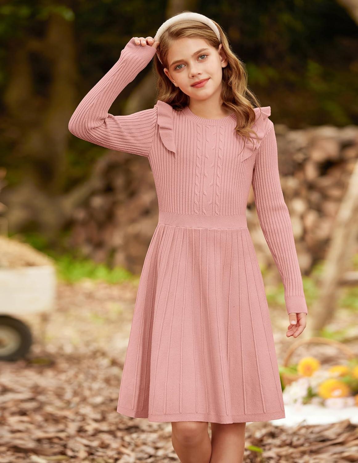 imageGRACE KARIN Girls Sweater Dress Fall Winter Long Sleeve Cable Knit Pullover Dresses for Girls 512YPink