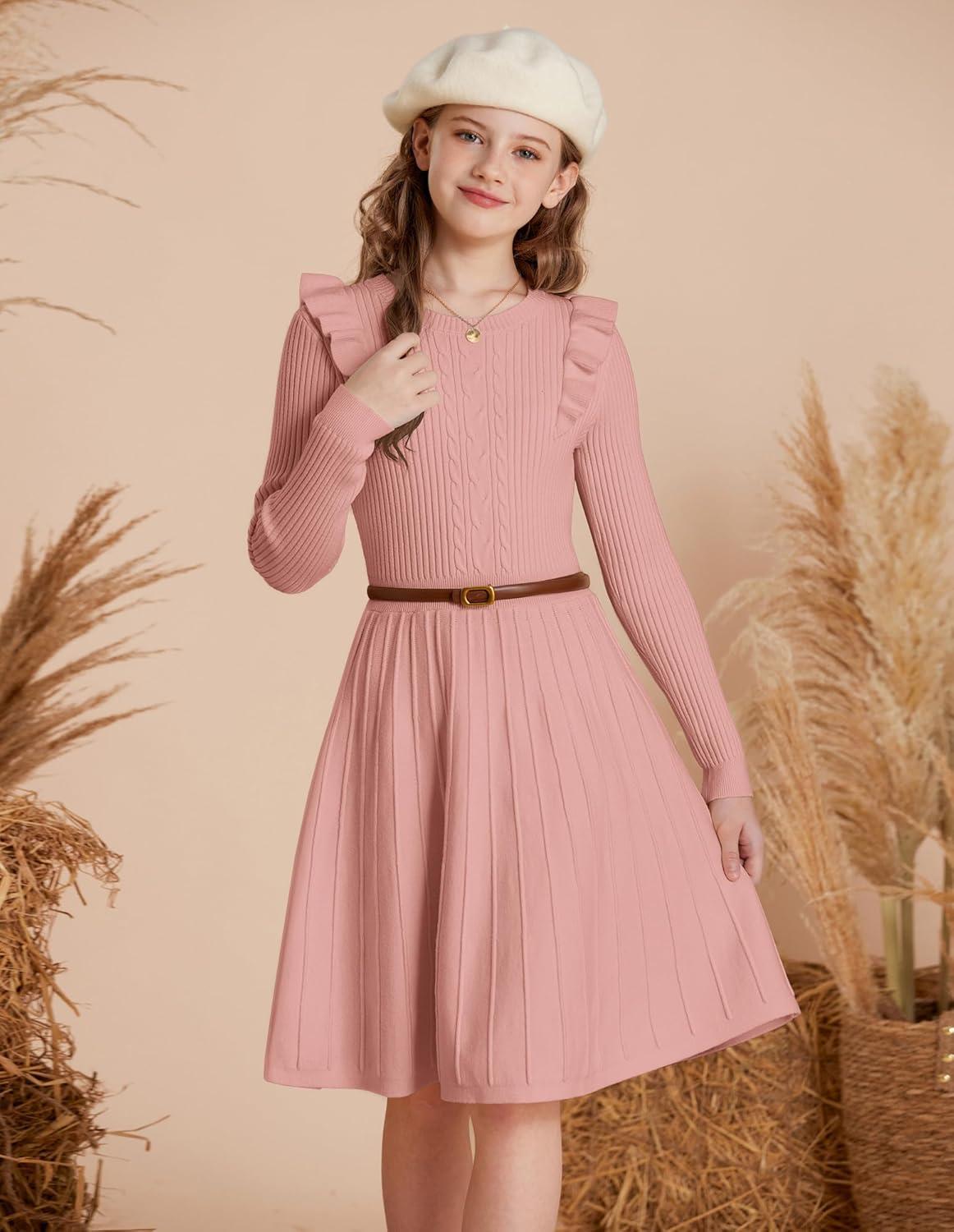 imageGRACE KARIN Girls Sweater Dress Fall Winter Long Sleeve Cable Knit Pullover Dresses for Girls 512YPink