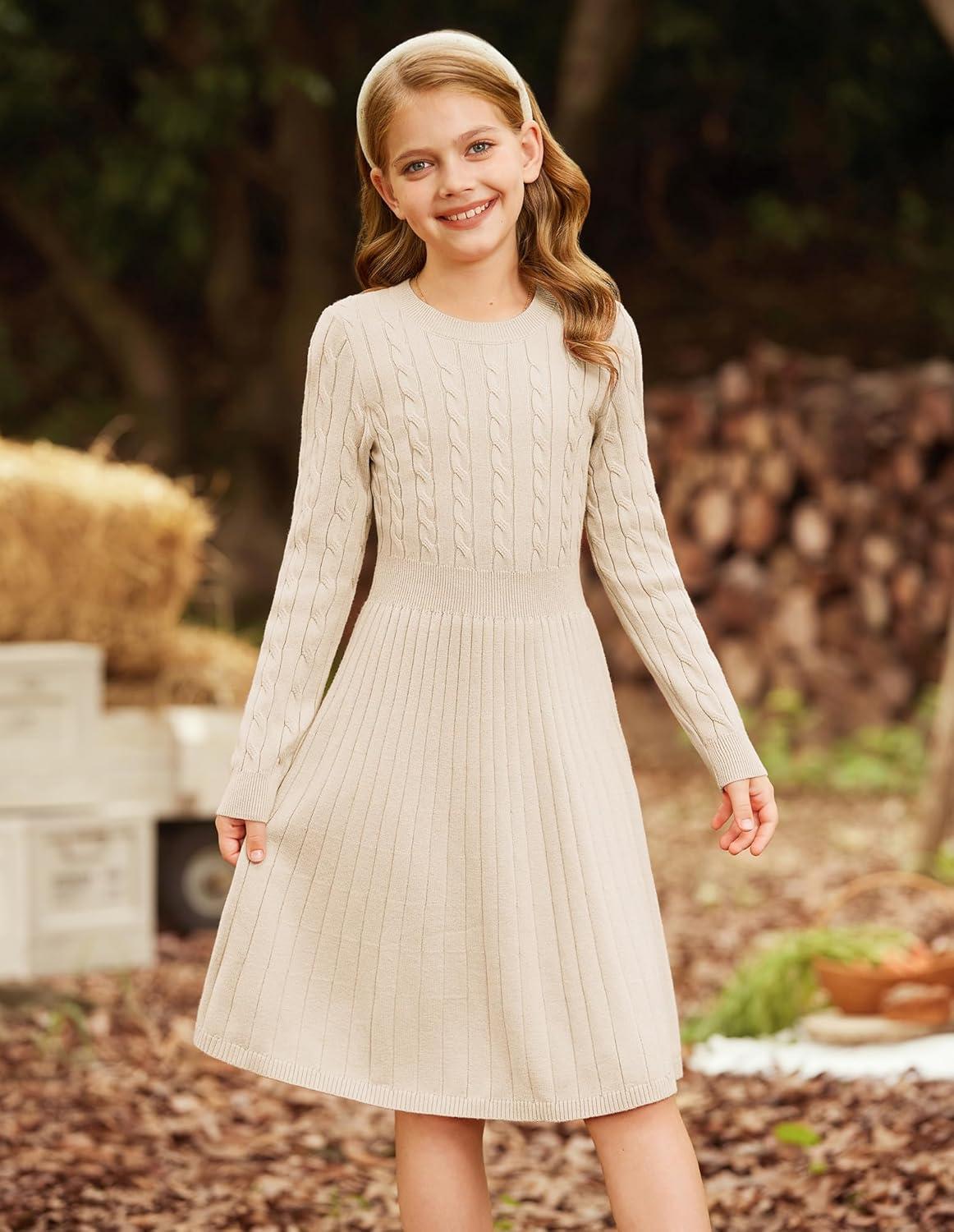 imageGRACE KARIN Girls Sweater Dress Long Sleeve Knit A Line Casual Midi Fall Winter Dresses 612 YearsBeige