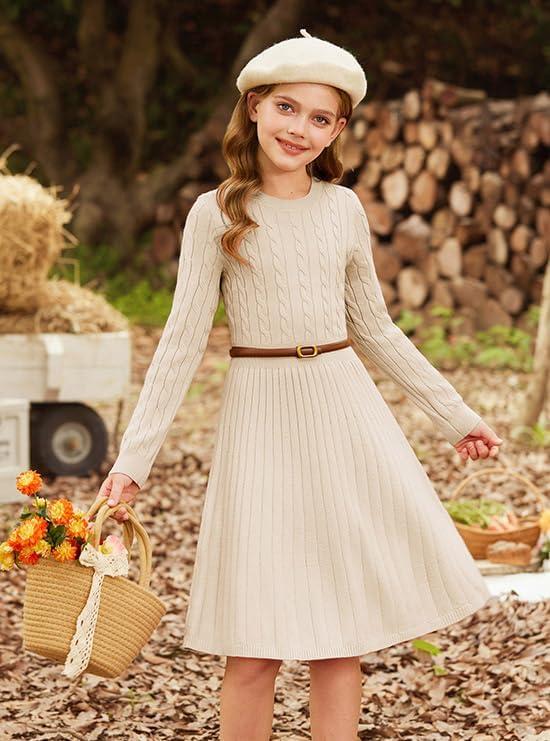 imageGRACE KARIN Girls Sweater Dress Long Sleeve Knit A Line Casual Midi Fall Winter Dresses 612 YearsBeige