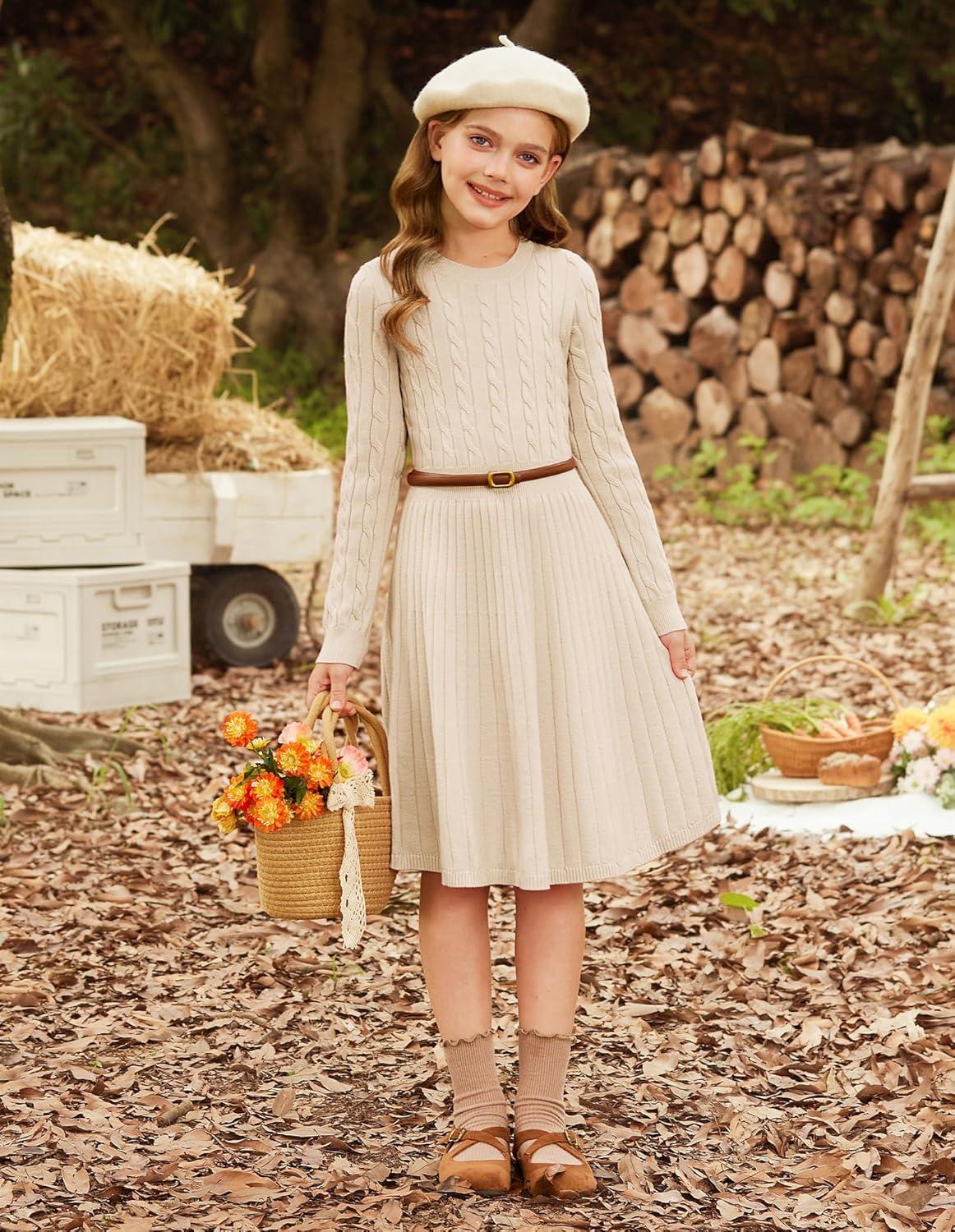 imageGRACE KARIN Girls Sweater Dress Long Sleeve Knit A Line Casual Midi Fall Winter Dresses 612 YearsBeige