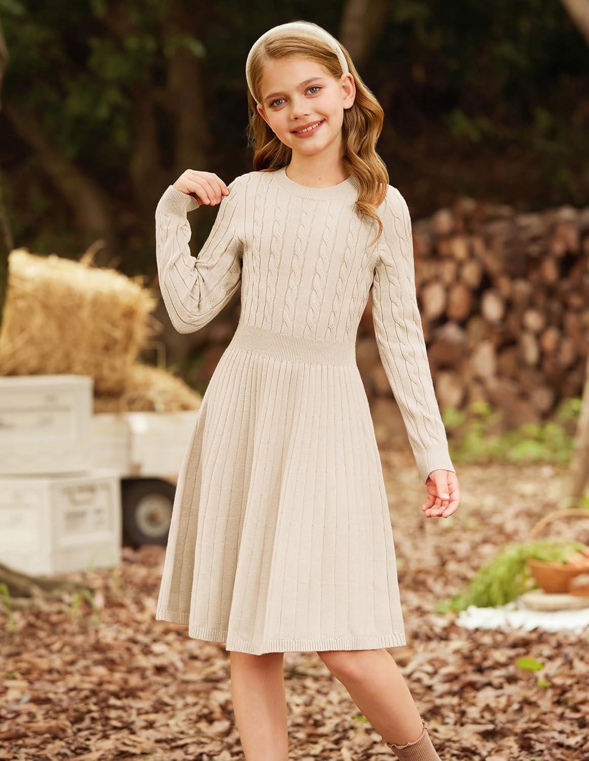 imageGRACE KARIN Girls Sweater Dress Long Sleeve Knit A Line Casual Midi Fall Winter Dresses 612 YearsBeige