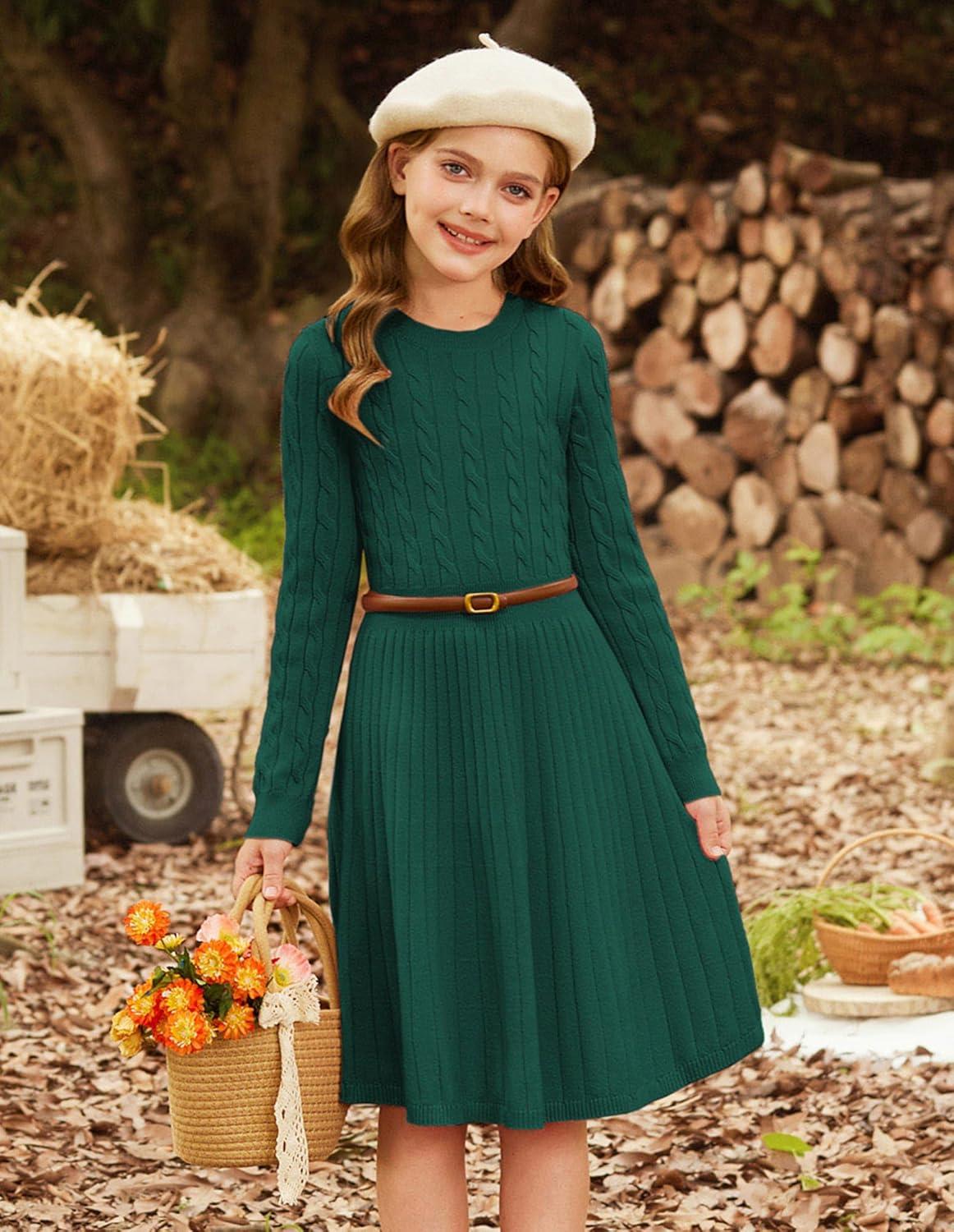 imageGRACE KARIN Girls Sweater Dress Long Sleeve Knit A Line Casual Midi Fall Winter Dresses 612 YearsGreen