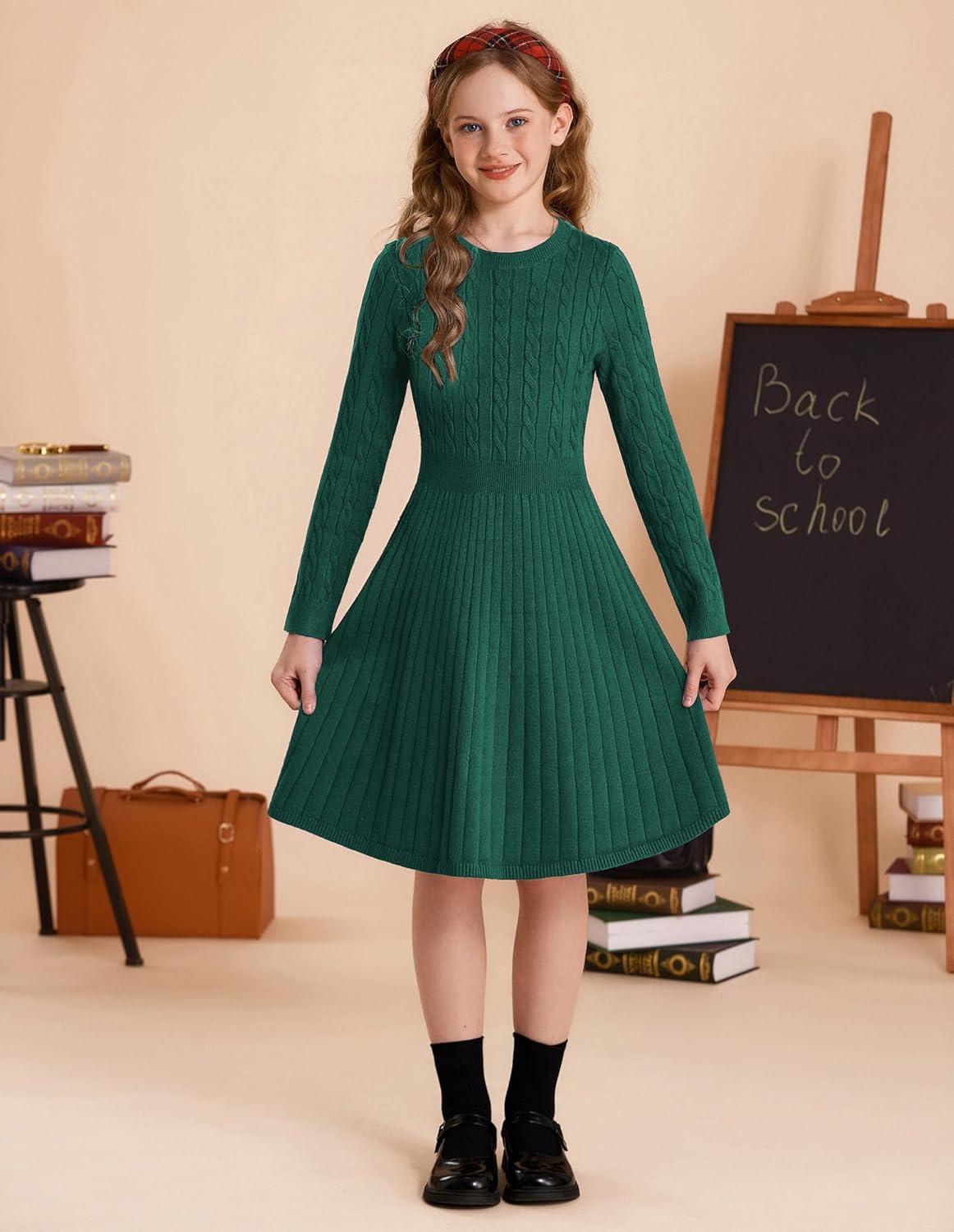 imageGRACE KARIN Girls Sweater Dress Long Sleeve Knit A Line Casual Midi Fall Winter Dresses 612 YearsGreen