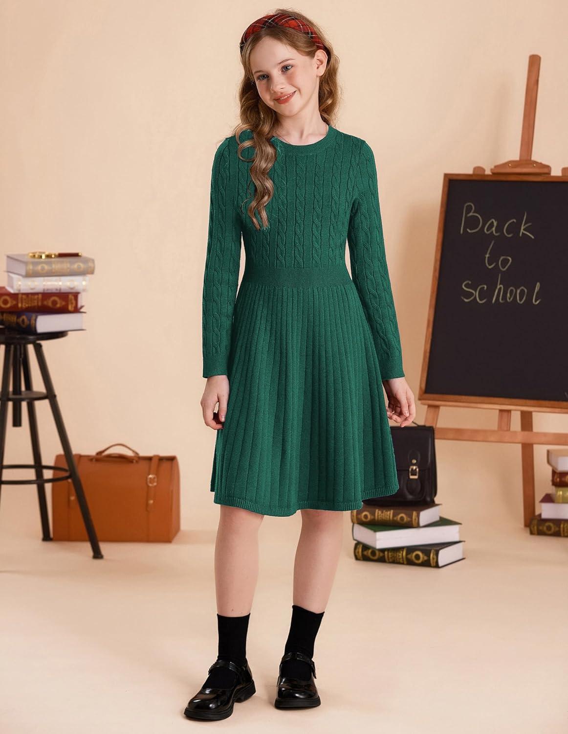 imageGRACE KARIN Girls Sweater Dress Long Sleeve Knit A Line Casual Midi Fall Winter Dresses 612 YearsGreen