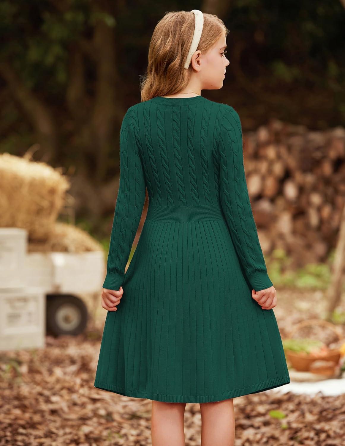 imageGRACE KARIN Girls Sweater Dress Long Sleeve Knit A Line Casual Midi Fall Winter Dresses 612 YearsGreen