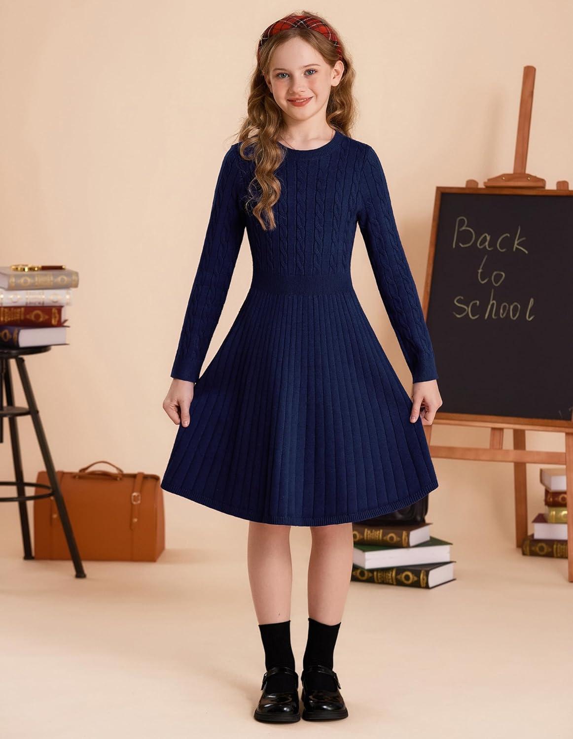 imageGRACE KARIN Girls Sweater Dress Long Sleeve Knit A Line Casual Midi Fall Winter Dresses 612 YearsNavy Blue