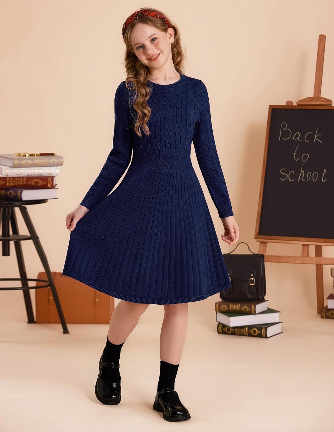 imageGRACE KARIN Girls Sweater Dress Long Sleeve Knit A Line Casual Midi Fall Winter Dresses 612 YearsNavy Blue