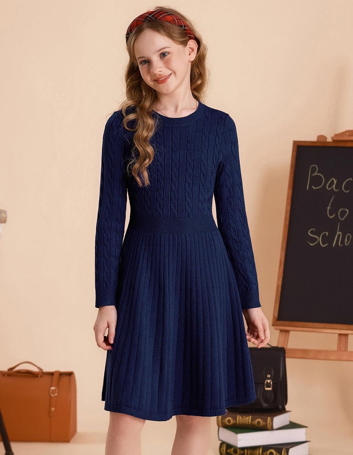 imageGRACE KARIN Girls Sweater Dress Long Sleeve Knit A Line Casual Midi Fall Winter Dresses 612 YearsNavy Blue