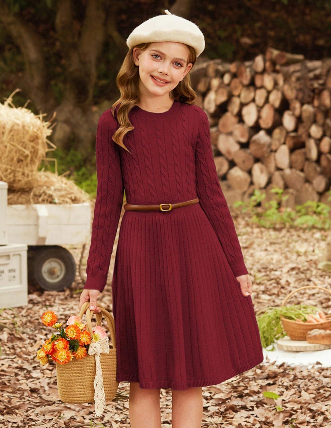 imageGRACE KARIN Girls Sweater Dress Long Sleeve Knit A Line Casual Midi Fall Winter Dresses 612 YearsRed