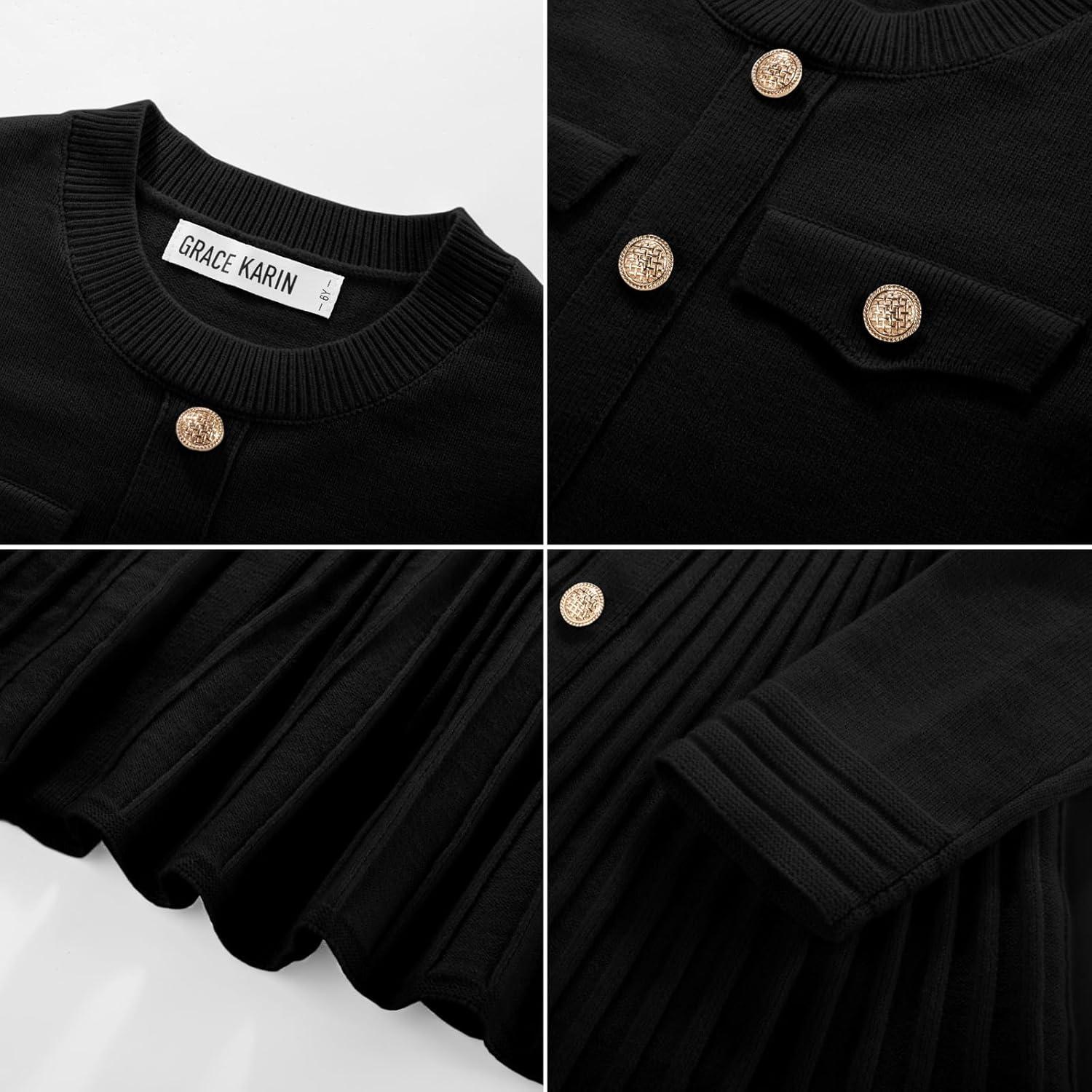 imageGRACE KARIN Girls Sweater Fall Dress Long Sleeve Knit Button Front Pleated ALine Casual Winter Midi Dresses 514YBlack