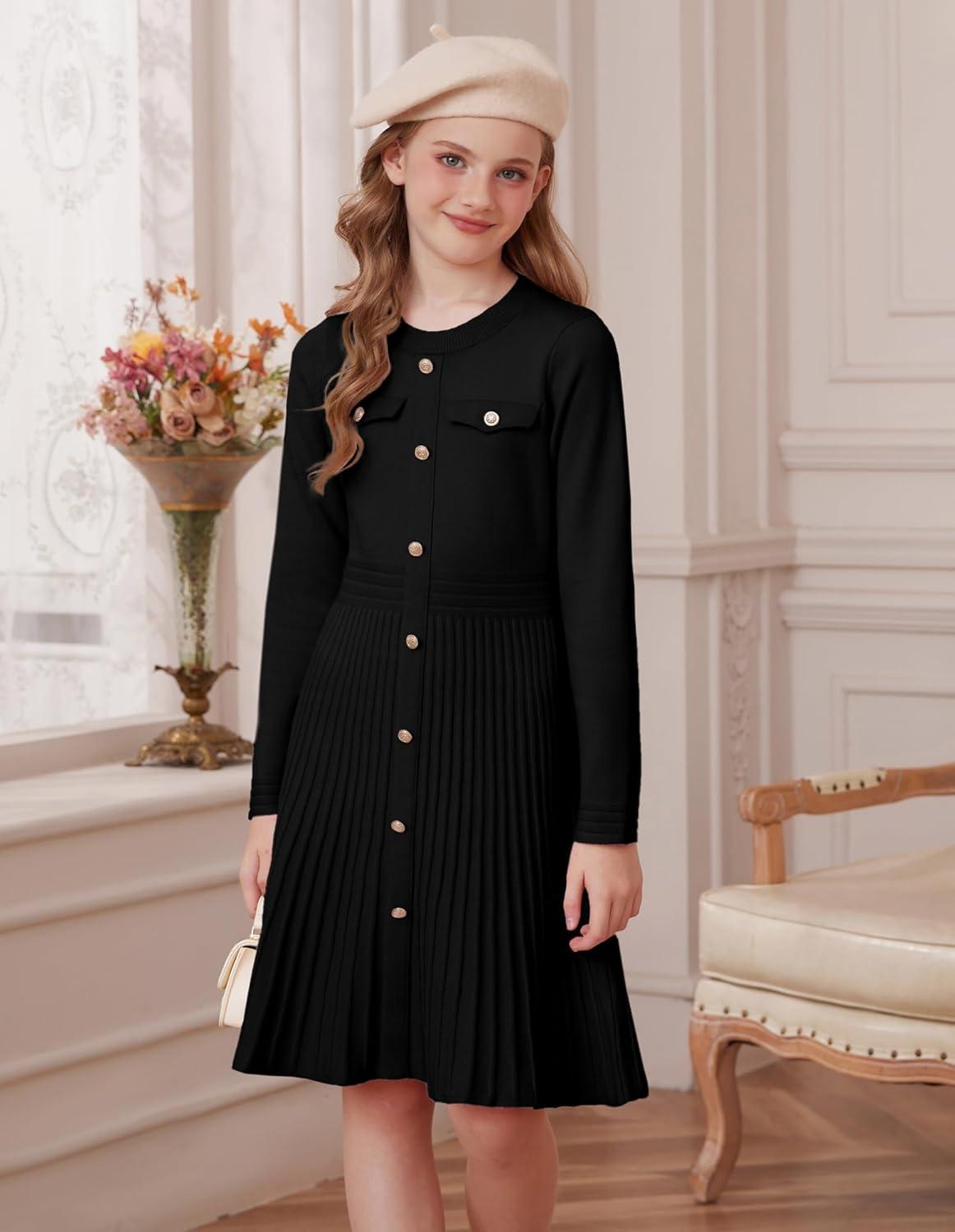 imageGRACE KARIN Girls Sweater Fall Dress Long Sleeve Knit Button Front Pleated ALine Casual Winter Midi Dresses 514YBlack