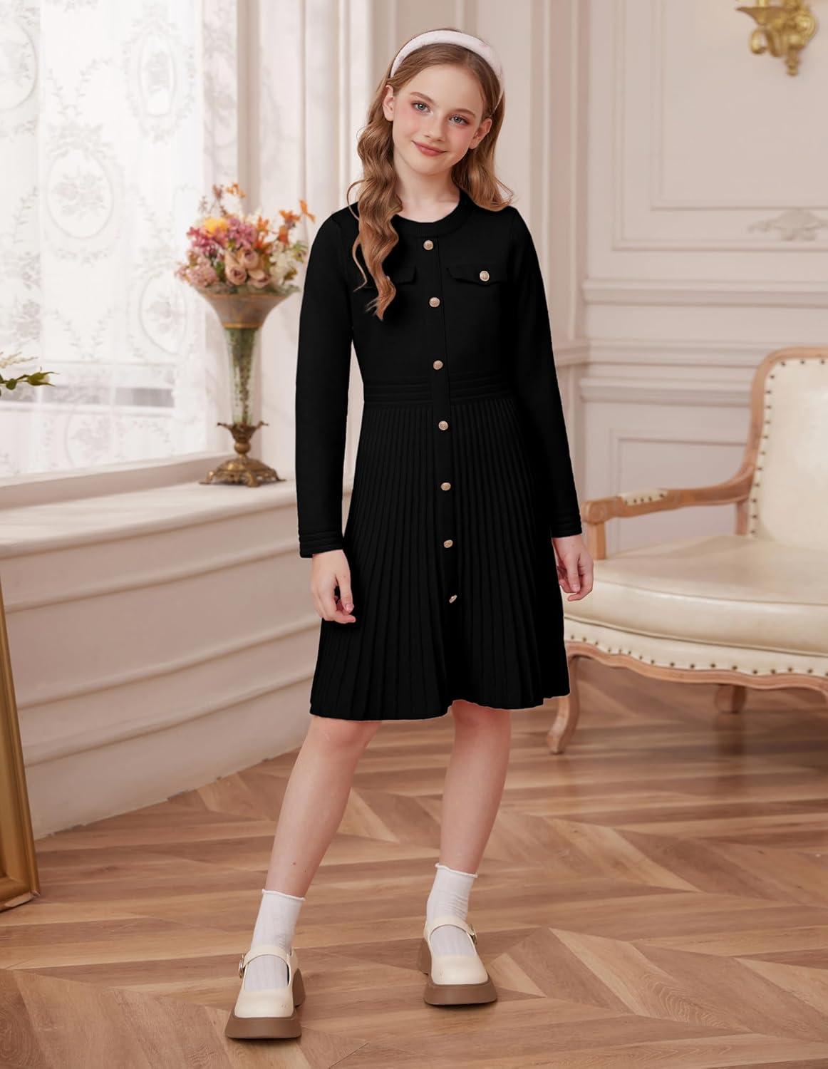 imageGRACE KARIN Girls Sweater Fall Dress Long Sleeve Knit Button Front Pleated ALine Casual Winter Midi Dresses 514YBlack