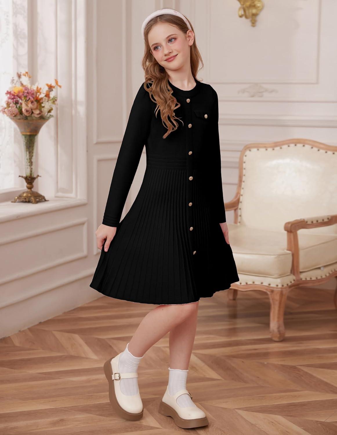 imageGRACE KARIN Girls Sweater Fall Dress Long Sleeve Knit Button Front Pleated ALine Casual Winter Midi Dresses 514YBlack