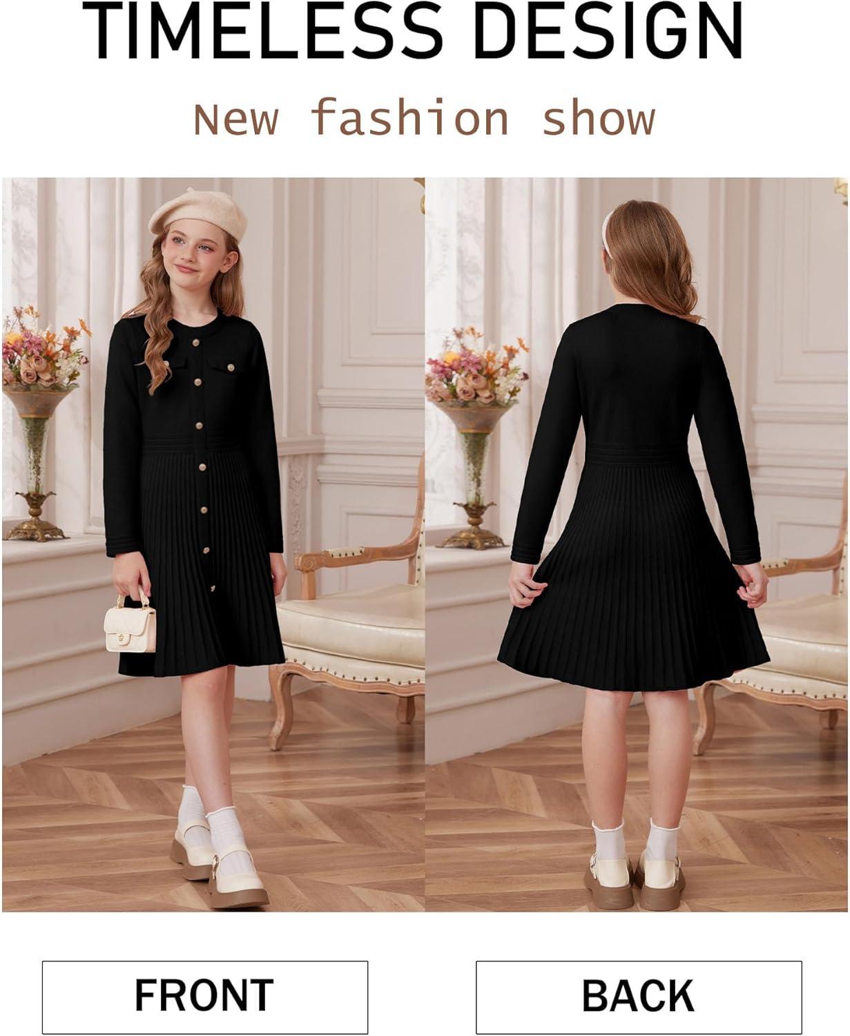 imageGRACE KARIN Girls Sweater Fall Dress Long Sleeve Knit Button Front Pleated ALine Casual Winter Midi Dresses 514YBlack