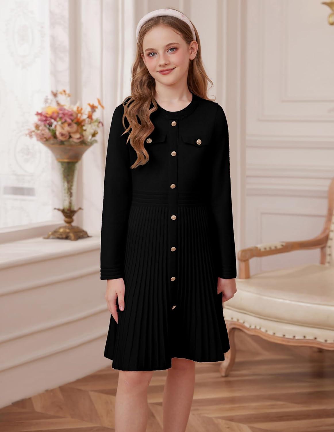 imageGRACE KARIN Girls Sweater Fall Dress Long Sleeve Knit Button Front Pleated ALine Casual Winter Midi Dresses 514YBlack