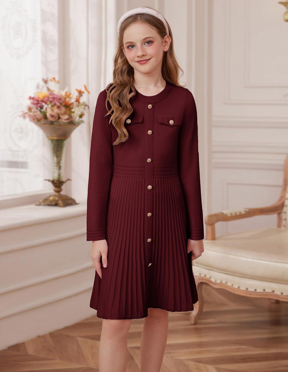 imageGRACE KARIN Girls Sweater Fall Dress Long Sleeve Knit Button Front Pleated ALine Casual Winter Midi Dresses 514YBurgundy