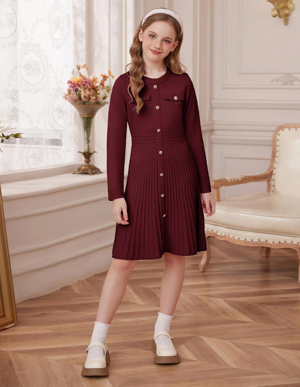 imageGRACE KARIN Girls Sweater Fall Dress Long Sleeve Knit Button Front Pleated ALine Casual Winter Midi Dresses 514YBurgundy