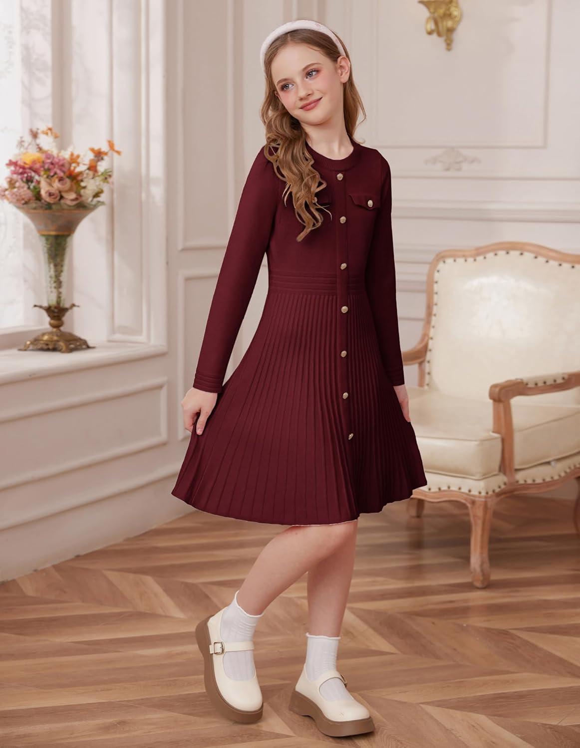 imageGRACE KARIN Girls Sweater Fall Dress Long Sleeve Knit Button Front Pleated ALine Casual Winter Midi Dresses 514YBurgundy
