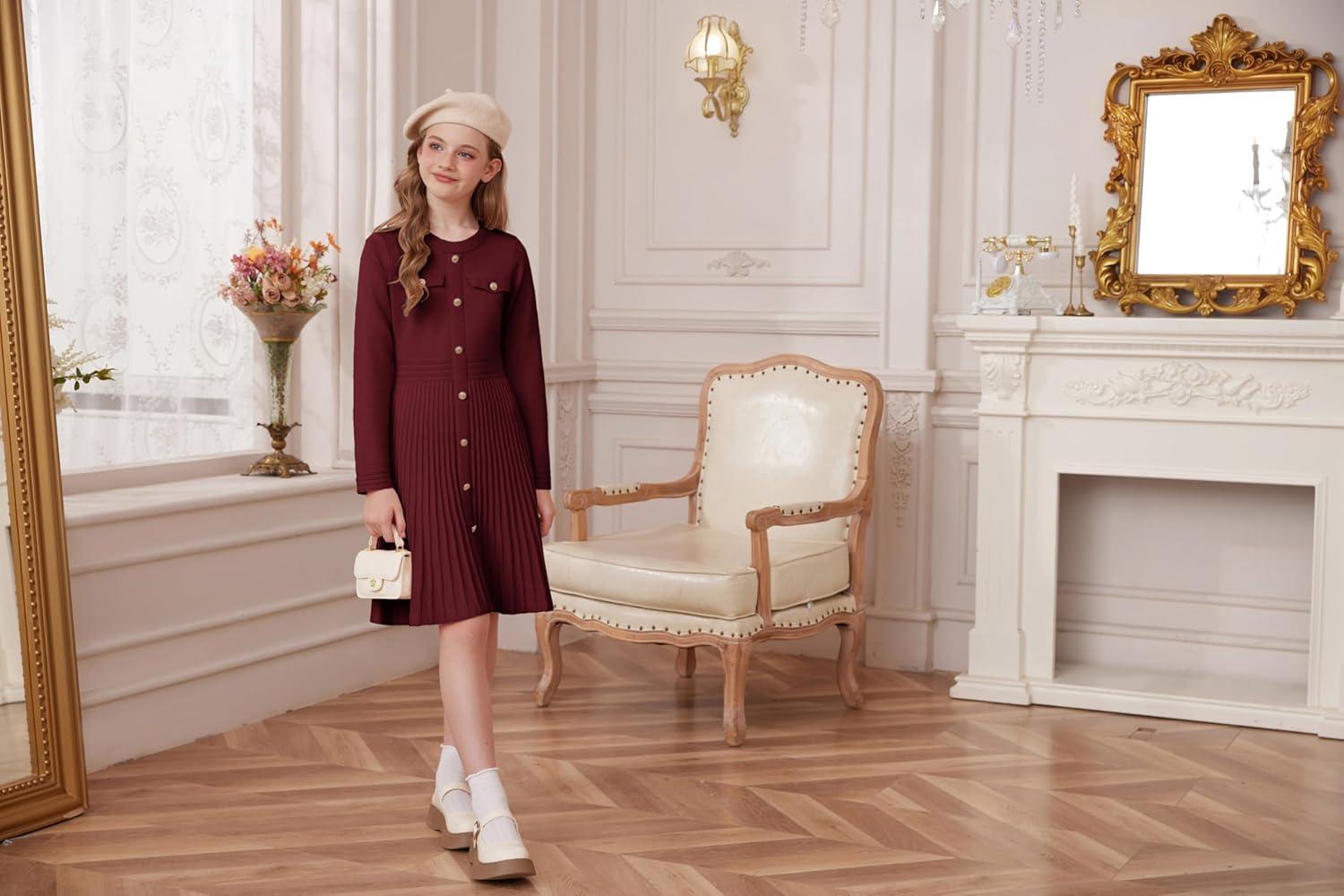 imageGRACE KARIN Girls Sweater Fall Dress Long Sleeve Knit Button Front Pleated ALine Casual Winter Midi Dresses 514YBurgundy