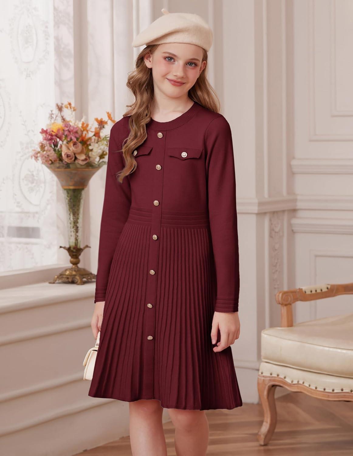 imageGRACE KARIN Girls Sweater Fall Dress Long Sleeve Knit Button Front Pleated ALine Casual Winter Midi Dresses 514YBurgundy