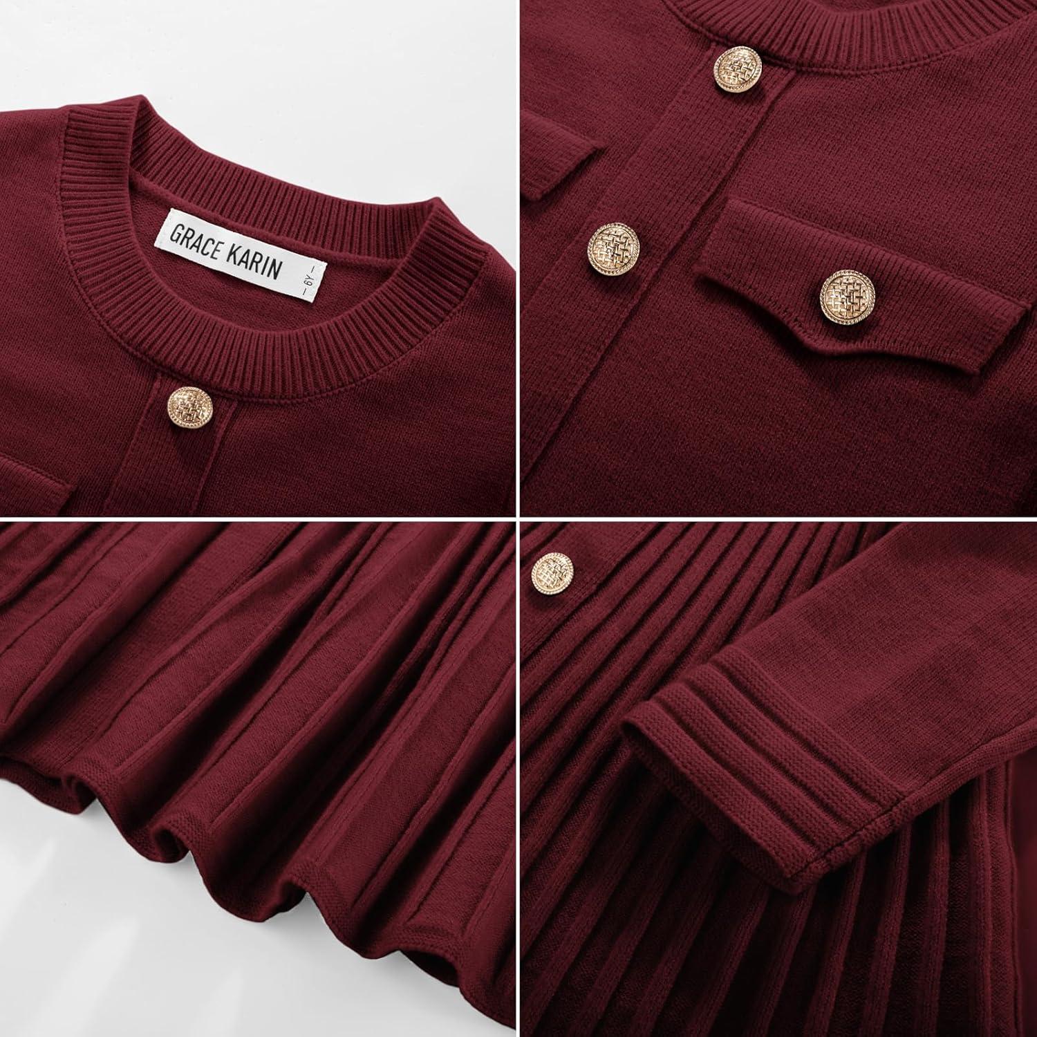 imageGRACE KARIN Girls Sweater Fall Dress Long Sleeve Knit Button Front Pleated ALine Casual Winter Midi Dresses 514YBurgundy