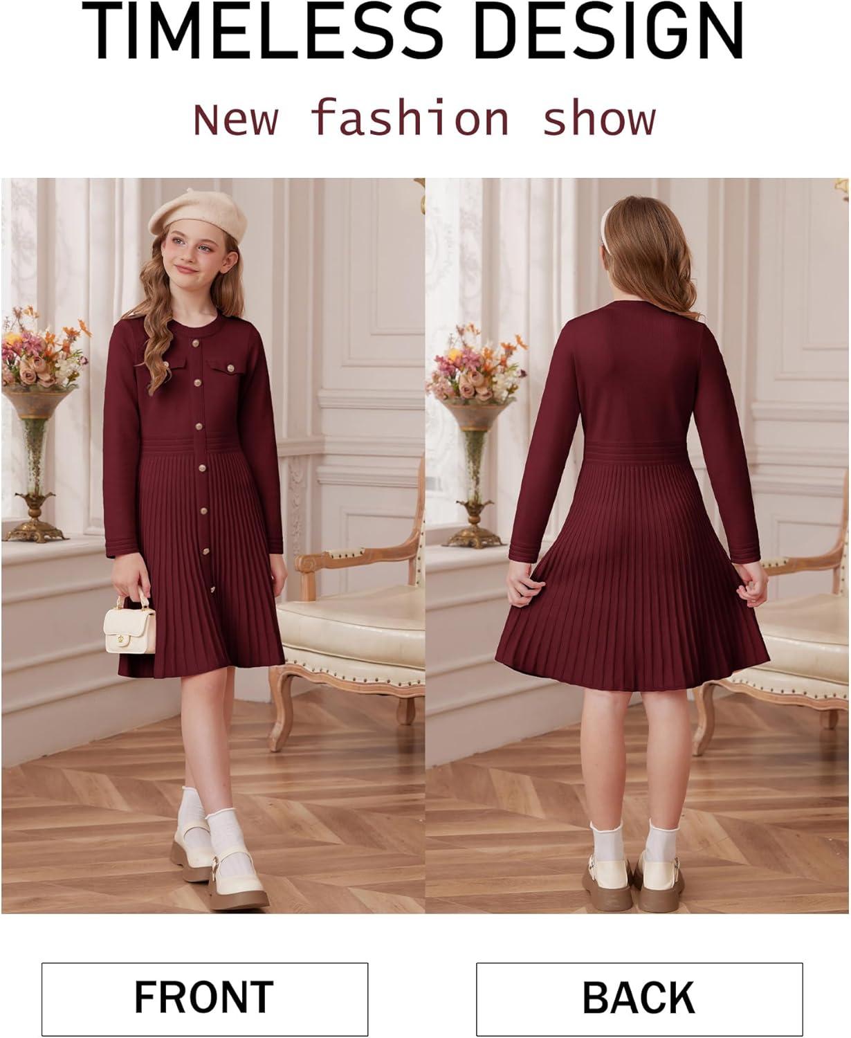 imageGRACE KARIN Girls Sweater Fall Dress Long Sleeve Knit Button Front Pleated ALine Casual Winter Midi Dresses 514YBurgundy