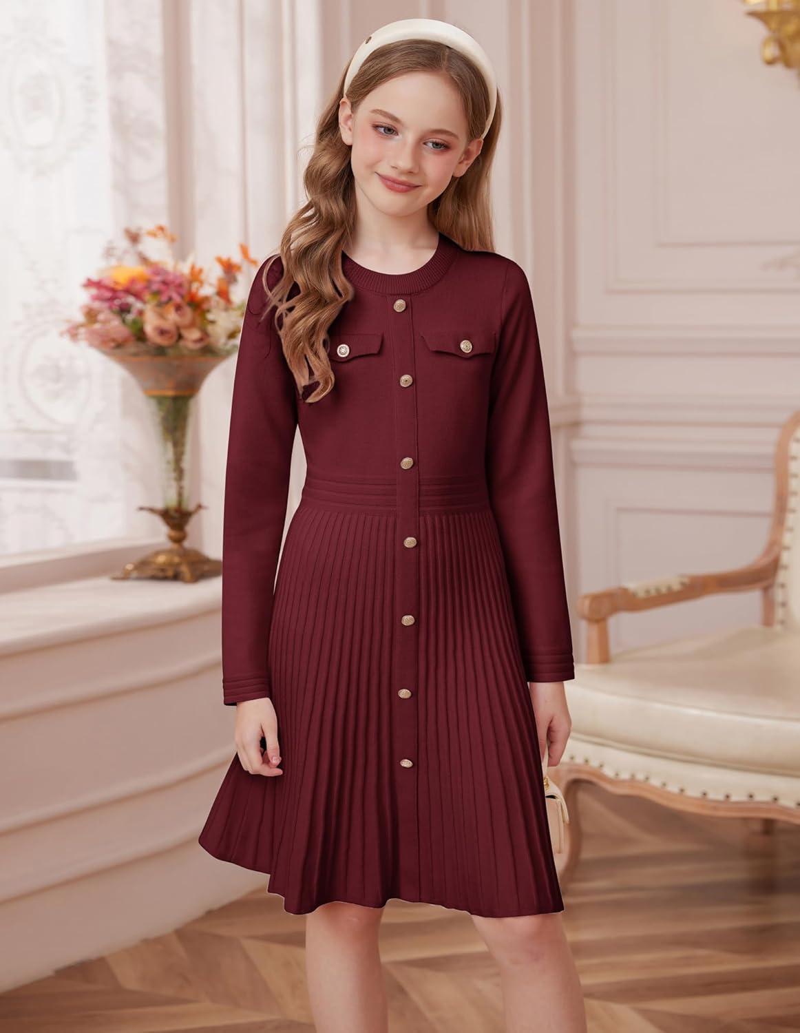 imageGRACE KARIN Girls Sweater Fall Dress Long Sleeve Knit Button Front Pleated ALine Casual Winter Midi Dresses 514YBurgundy