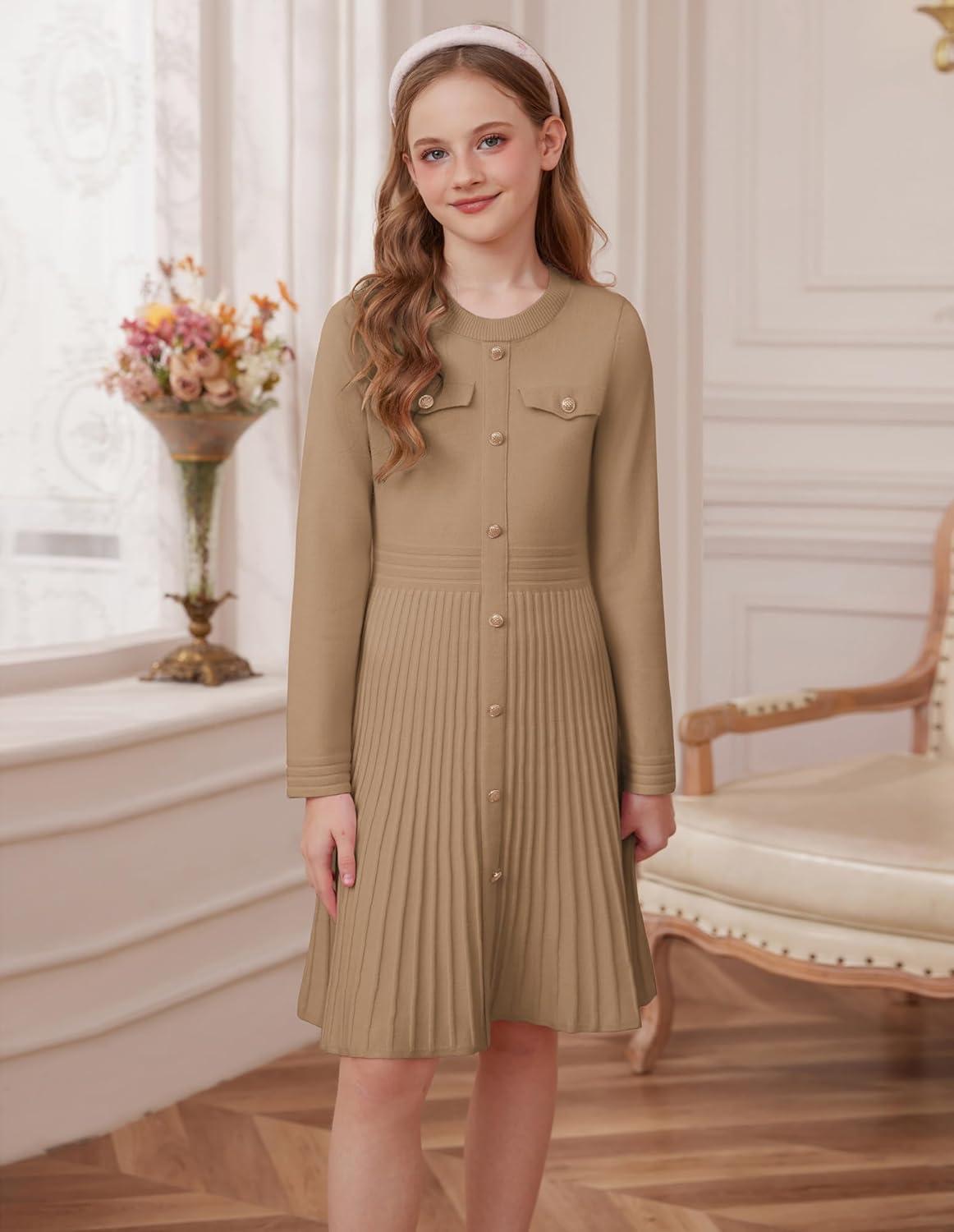 imageGRACE KARIN Girls Sweater Fall Dress Long Sleeve Knit Button Front Pleated ALine Casual Winter Midi Dresses 514YCamel